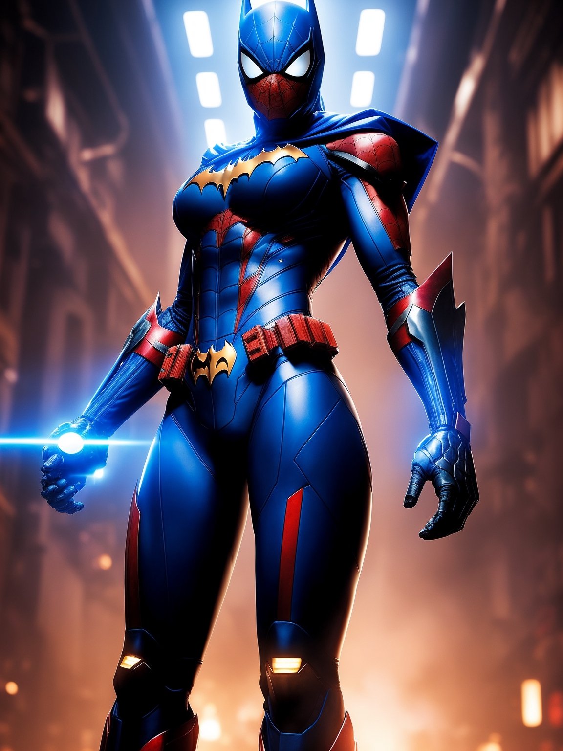 A woman, wearing blue mech costume with red parts + white ninja costume, very tight costume on the body, ((gigantic breasts)), blue hair, mohawk hair, short hair, hair with bangs in front of the eyes, ((hood on the head)), looking at the viewer, (((pose with interaction and leaning on [something|an object]))), at a secret base in a cave,  with computers, elevators, machines, robots, pipe-shaped lights, ((full body):1.5), 16k, UHD, best possible quality, ultra detailed, best possible resolution, Unreal Engine 5, professional photography, well-detailed fingers, well-detailed hand, perfect_hands, perfect, ((super metroid, batman)) + ((mecha, spider-man))