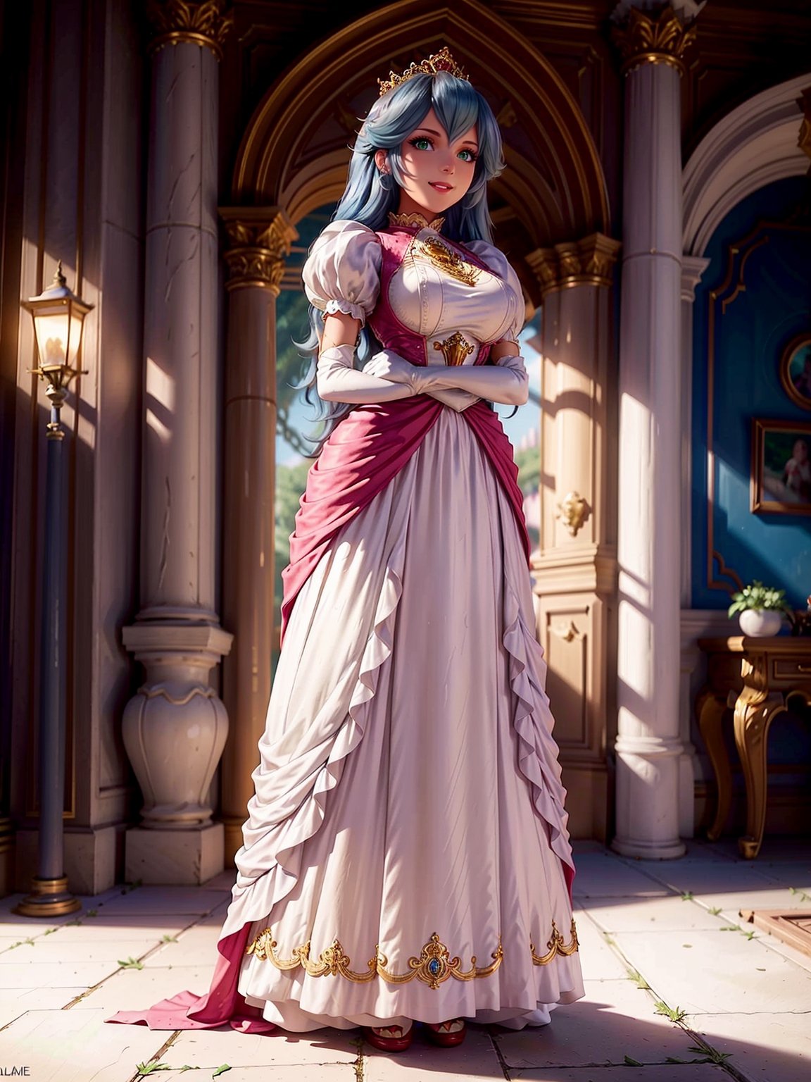 A woman, black and white maid's costume, very short white skirt with embroidery, ((gigantic breasts)), blue hair, wavy hair, hair with bangs in front of the eyes, looking at the viewer, ((pose with interaction and leaning on [something|an object])), in a castle near the balcony, with structures, furniture, backyard with many trees and flowers, is daytime, ((full body):1.5), 16k, UHD, best possible quality, ultra detailed, best possible resolution, Unreal Engine 5, professional photography, well-detailed fingers, well-detailed hand, perfect_hands, perfect