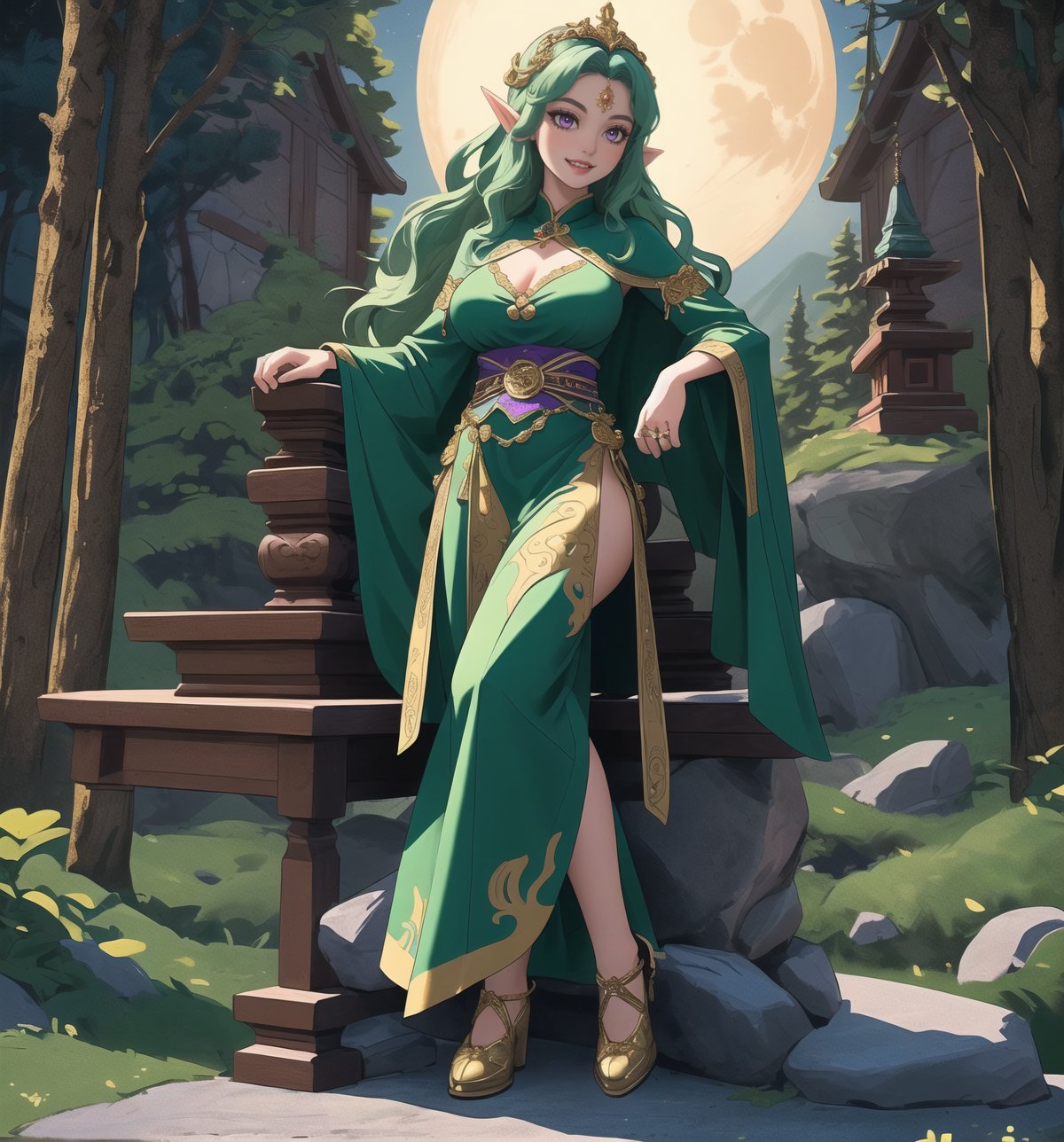 A fantastic masterpiece of art, full of beauty and magic. | A 237-year-old elf woman with an elegant and wise appearance is in a temple in the rocky mountains, a mystical and enchanted environment. | She wears a long tunic of dark green fabric, with gold details and leaf embroidery, showing her connection to nature and her status as a sorceress. | To complement her look, she also wears a green velvet cape with feather trim and a gold moon-shaped brooch, adding a touch of sophistication and magic to her appearance. | Her long, wavy green hair has a few loose strands at the front, giving her beauty a natural and delicate look. Her purple eyes are large and expressive, conveying wisdom and serenity, while her smile with sharp white teeth shows her elfin nature and grace. | The temple in the rocky mountains has rock structures, wooden structures, an altar in the center and pillars with emblems, creating a sacred and mystical atmosphere. | Soft, mystical lighting effects create an enchanted, serene atmosphere, while detailed textures on structures and costume add realism to the image. | An elegant and magical scene of an elf woman in a rocky mountain temple, exploring themes of fantasy, nature and magic. | (((((The image reveals a full-body shot as she assumes a sensual pose, engagingly leaning against a structure within the scene in an exciting manner. She takes on a sensual pose as she interacts, boldly leaning on a structure, leaning back in an exciting way.))))). | ((full-body shot)), ((perfect pose)), ((perfect fingers, better hands, perfect hands)), ((perfect legs, perfect feet)), ((huge breasts)), ((perfect design)), ((perfect composition)), ((very detailed scene, very detailed background, perfect layout, correct imperfections)), More Detail, Enhance