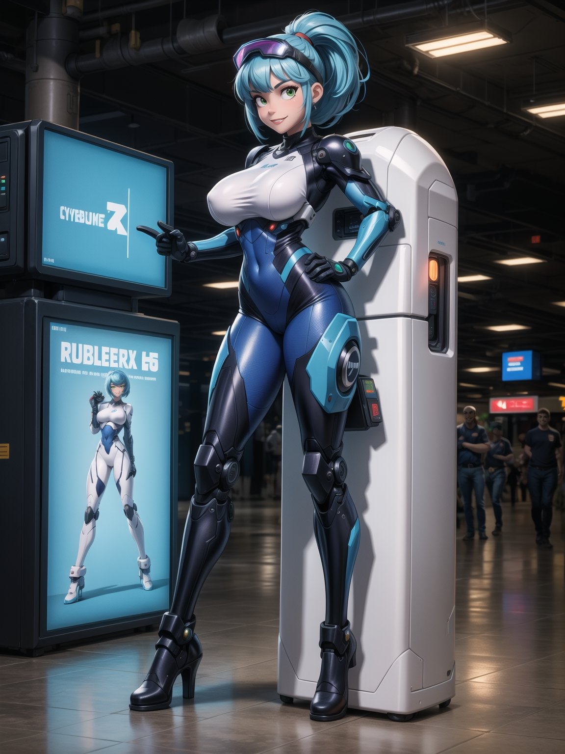 A woman, wearing robotic suit+mecha suit+cybernetic armor, white suit with parts in blue, wearing helmet with colored visor, gigantic breasts, blue hair, extremely short hair, rebellious hair, hair with ponytail, hair with bangs in front of the eye, looking at the viewer, (((sensual pose+Interacting+leaning on anything+object+leaning against))), in an airport with machines, equipment, structures, many people, ((full body):1.5), 16K, UHD, Unreal Engine 5, quality max, max resolution, ultra-realistic, ultra-detailed, maximum sharpness, ((perfect_hands):1), Goodhands-beta2, [super metroid, cyberpunk]