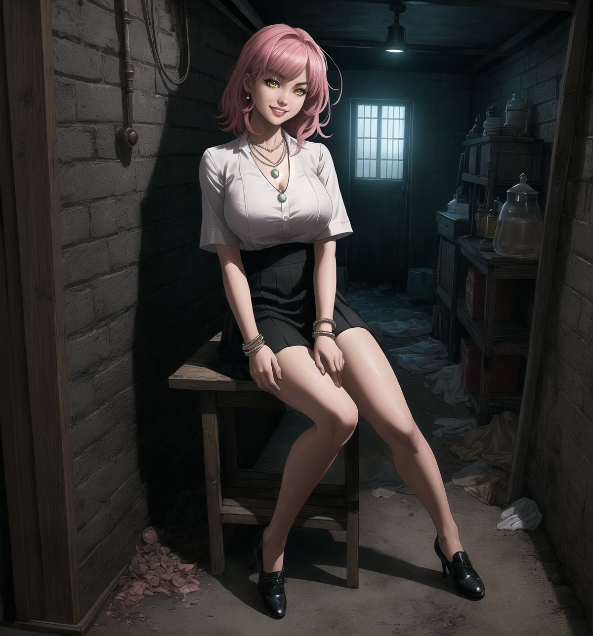 A dark, realistic Gothic masterpiece rendered in ultra-detailed 8K. | Mayumi, a 35-year-old woman, is working in a filthy, dark, and macabre basement. She wears a simple maid uniform, consisting of a white blouse and black skirt, accompanied by discreet accessories such as a pearl necklace and silver bracelet. Her short, messy pink hair gives her an air of carelessness and courage. Her yellow eyes are full of determination and courage, ((smiling)) and showing her white, well-aligned teeth, with a vivid red lipstick highlighting her lips. | The image highlights Mayumi's figure amidst the dirty and smelly environment of the basement, with rats and insects moving through the shadows. The atmosphere is tense and scary, with dark shadows moving along the walls. The basement structures are simple, with wooden shelves full of boxes and old objects, and a metal table with antique tools. There is also a water sink with a faucet and a wooden staircase that leads to the upper floor. Mayumi's bracelet and necklace faintly glow in the darkness. | The soft and dark lighting effects create a tense and scary atmosphere, while rough and detailed textures on the structures and Mayumi's clothes add realism to the image. | A terrifying scene of Mayumi, a courageous woman, working in a filthy and macabre basement. | (((((The image reveals a full-body shot as she assumes a sensual pose, engagingly leaning against a structure within the scene in an exciting manner. She takes on a sensual pose as she interacts, boldly leaning on a structure, leaning back in an exciting way.))))). | ((full-body shot)), ((perfect pose)), ((perfect fingers, better hands, perfect hands)), ((perfect legs, perfect feet)), ((huge breasts)), ((perfect design)), ((perfect composition)), ((very detailed scene, very detailed background, perfect layout, correct imperfections)), More Detail, Enhance