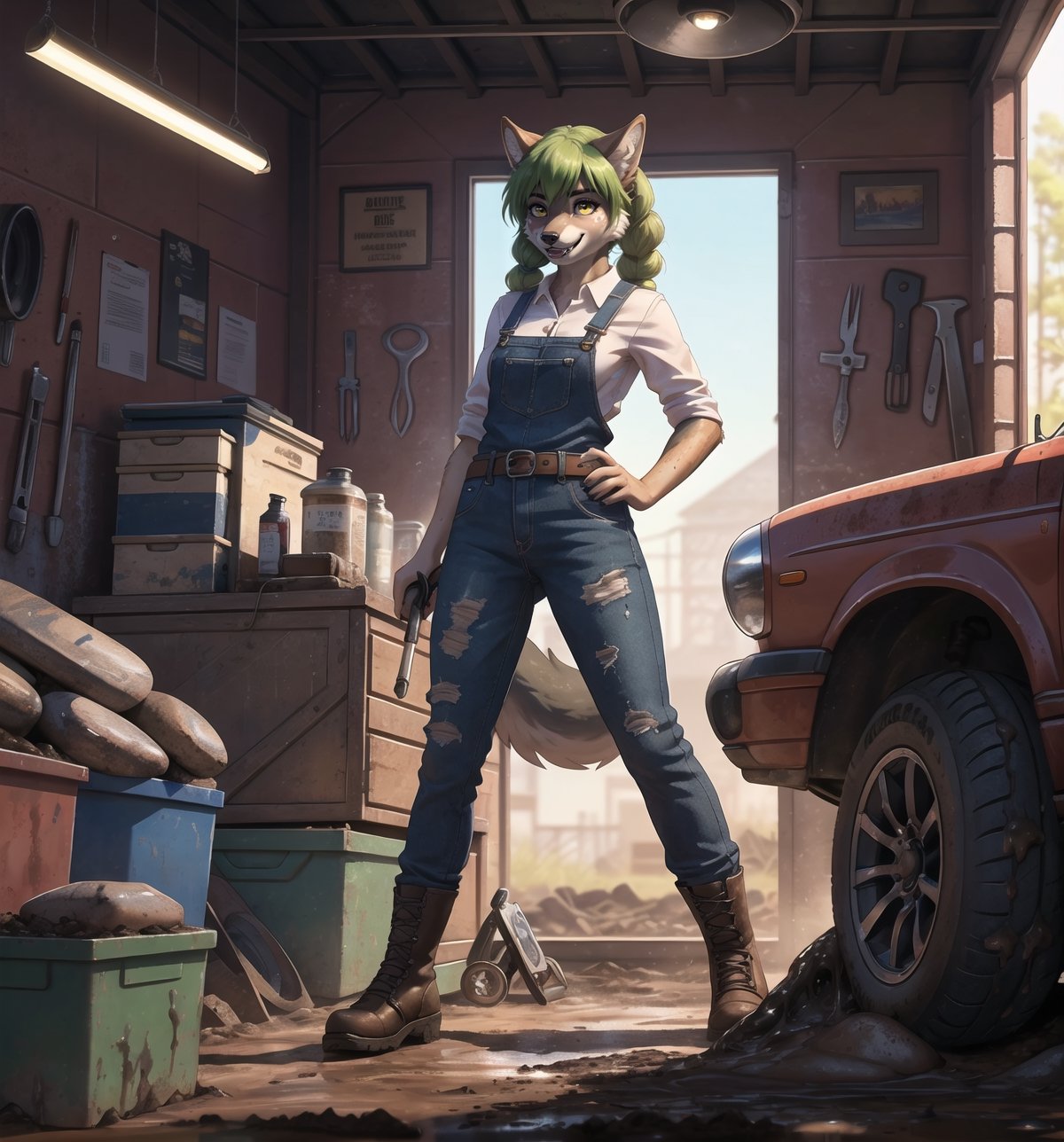 ((Clear 4K image with realistic dirty and worn style, rendered in ultra-high resolution with graphic details.):1.3). | At the vintage car body shop, a young 21-year-old werewolf is working tirelessly. She wears a white t-shirt, blue denim overalls with straps hanging from one of them, and a black leather belt with a gold buckle at her waist. His black leather boots are dirty with grease, as is the rest of his clothes, which are aged and tight to his body. Her long, straight green hair cascades over her shoulders, with large bangs in front of her eyes. She has two long pigtails held together with metal clips. Her yellow eyes look at the viewer with a mysterious look, while she (((smiles))), showing her teeth, with her mouth open, her tongue out and drool running down. Her face is covered in grease, as is the rest of the room. | The scene takes place in the old car body shop, a filthy and dirty place, full of stacked tires, mud and dirt. There is a bench with tools scattered around, old car engines and an old, rusty car in the process of being repaired. The smell of oil and gasoline permeates the air as the wolf woman works tirelessly. | Composition at an angle to the general plane, emphasizing the figure of the wolf woman and the elements of the bodywork. The metal structures, tires, mud and dirt, together with the wolf woman, the workbench, the tools and the old car, create a filthy and worn-out environment. The body shop's artificial lighting creates dramatic shadows and highlights the details of the scene. | Soft, shadowy lighting effects create a tense and challenging atmosphere, while rough, detailed textures on skin, clothing, tires and structures add realism to the image. | A challenging and realistic scene of a young wolf woman working tirelessly in the vintage car body shop, overcoming obstacles with determination and mechanical skill. | (((((The image reveals a full-body_image as she assumes a dynamic_pose, engagingly leaning against a structure within the scene in an exciting manner. She takes on a dynamic_pose as she interacts, boldly leaning on a structure, leaning back in an exciting way.))))). | ((perfect anatomy, perfect body)), ((perfect_pose):1.5), ((more_than_a_dynamic_pose, dynamic_pose):1.3), ((full-body_image)), ((perfect fingers, better hands, perfect hands, perfect legs, perfect feet)), ((perfect design)), ((correct errors):1.2), ((perfect composition)), ((very detailed scene, very detailed background, correct imperfections, perfect layout):1.2), (( More Detail, Enhance))