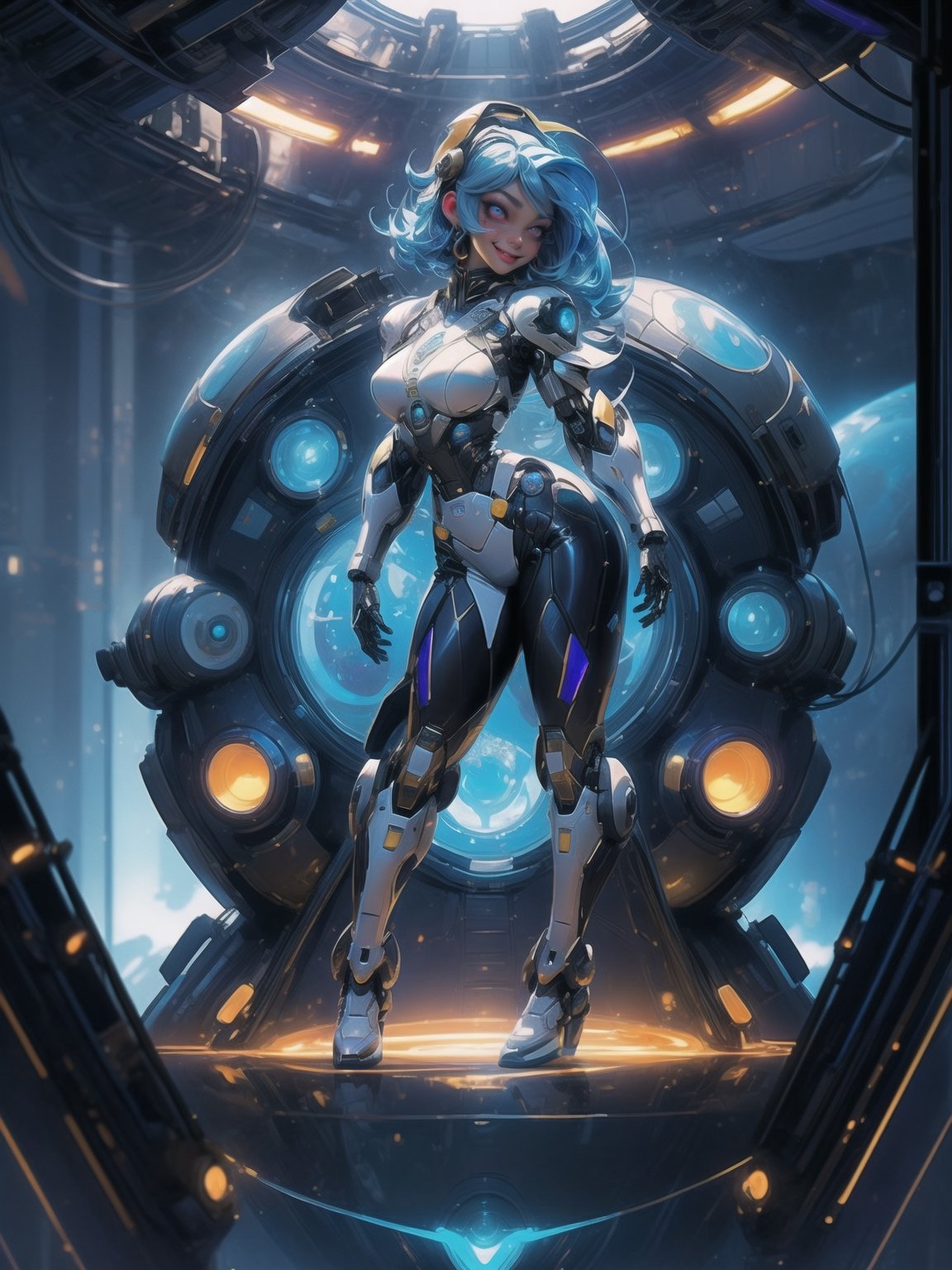 Ultra HD 16K resolution, blending Mega Man X and Super Metroid styles, offering maximum sharpness and exceptional quality. | On a futuristic aircraft, a stunning 30-year-old woman with short blue hair wears white robotic armor with blue and yellow details, standing out in the ultra-detailed scene. The cybernetic helmet frames her face, and she gazes directly at the viewer, intensifying the visual connection. | The composition, at a descending dynamic angle, highlights the woman's sensual pose as she interacts and leans on a large technological structure. Large machines, control panels, flying vehicles, and glass barrels containing luminous liquid create a futuristic environment. | Lighting effects enhance the sharpness of the armor, emphasizing the luminosity of the liquid in the barrels, creating an immersive sci-fi atmosphere. Large technological structures complete the scene, making it visually striking. | An impressive woman in a sensual pose on the futuristic aircraft, styled after Mega Man X and Super Metroid, interacting with the technological environment. | She: ((interacting and leaning on anything, very large structure+object, leaning against, sensual pose):1.3), ((Full body image)), perfect hand, fingers, hand, perfect, better_hands, More Detail.