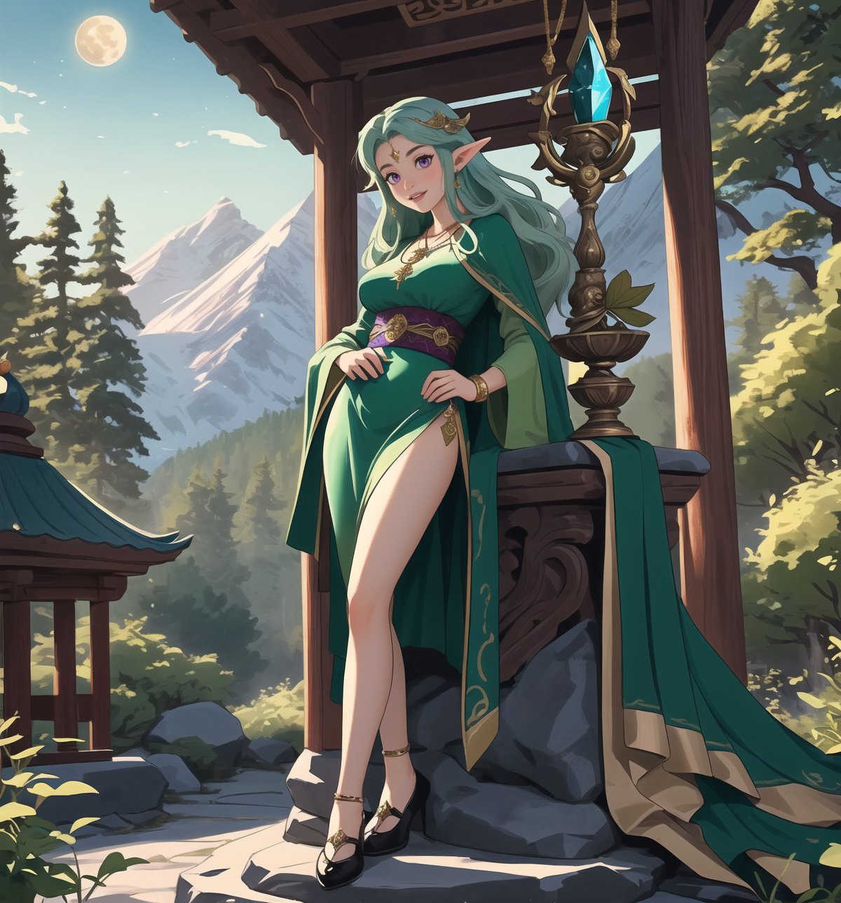 A fantastic masterpiece of art, full of beauty and magic. | Aria, a 237-year-old elf with an elegant and wise appearance, is in a temple in the Rocky Mountains, a mystical and enchanted environment. | She wears a long tunic of dark green fabric, with gold details and leaf embroidery, showing her connection to nature and her status as a sorceress. | To complement her look, she also wears a green velvet cape with feather trim and a gold moon-shaped brooch, adding a touch of sophistication and magic to her appearance. | Her long, wavy green hair has a few loose strands at the front, giving her beauty a natural and delicate look. Her purple eyes are large and expressive, conveying wisdom and serenity, while her smile with sharp white teeth shows her elfin nature and grace. | Aria also holds a wooden staff with green crystals, a silver necklace with a tree-shaped pendant, and a leather bracelet with metal details, showing her connection to magic and nature. | The temple in the rocky mountains has rock structures, wooden structures, an altar in the center and pillars with emblems, creating a sacred and mystical atmosphere. | Soft, mystical lighting effects create an enchanted, serene atmosphere, while detailed textures on structures and costume add realism to the image. | An elegant and magical scene of Aria in a Rocky Mountain temple, exploring themes of fantasy, nature and magic. | (((((The image reveals a full-body shot as she assumes a sensual pose, engagingly leaning against a structure within the scene in an exciting manner. She takes on a sensual pose as she interacts, boldly leaning on a structure, leaning back in an exciting way.))))). | ((full-body shot)), ((perfect pose)), ((perfect fingers, better hands, perfect hands)), ((perfect legs, perfect feet)), ((huge breasts)), ((perfect design)), ((perfect composition)), ((very detailed scene, very detailed background, perfect layout, correct imperfections)), More Detail, Enhance