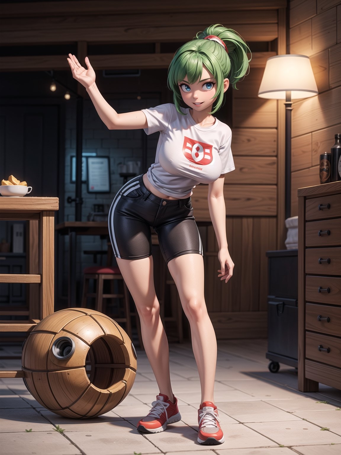 A woman, wearing a white T-shirt, short red shorts, white stockings, black sneakers, black suit, gigantic breasts, green hair, extremely short hair, rebellious hair, ponytailed hair, fringed hair in front of the eye, looking at the viewer, (((sensual pose+Interacting+leaning on anything+object+leaning against))), in a very busy night, with many construction machines,  vehicles, structures, ((full body):1.5), 16K, UHD, unreal engine 5, quality max, max resolution, ultra-realistic, ultra-detailed, maximum sharpness, ((perfect_hands):1), Goodhands-beta2,