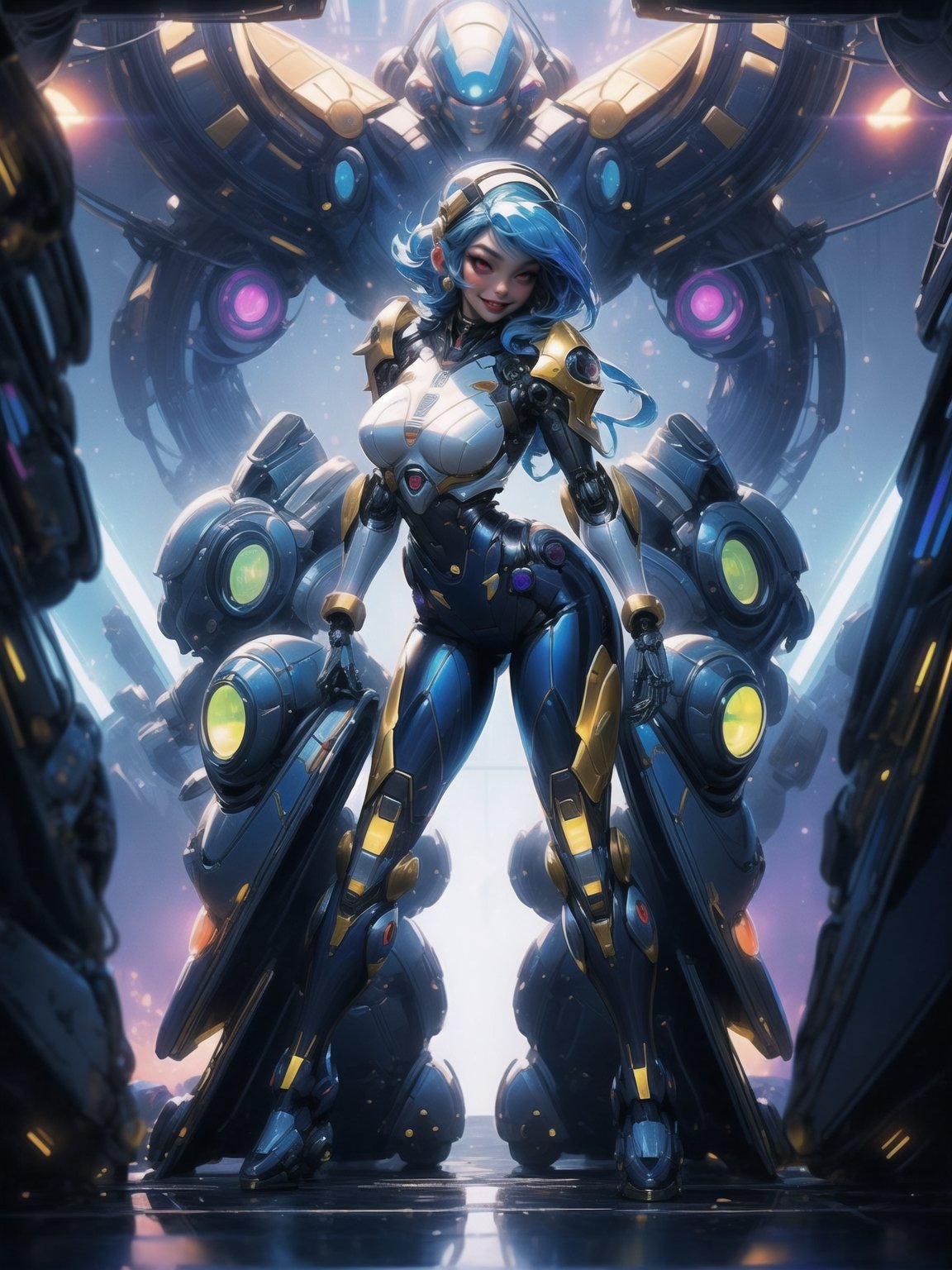 Ultra HD 16K resolution, blending Mega Man X and Super Metroid styles, offering maximum sharpness and exceptional quality. | On a futuristic aircraft, a stunning 30-year-old woman with short blue hair wears white robotic armor with blue and yellow details, standing out in the ultra-detailed scene. The cybernetic helmet frames her face, and she gazes directly at the viewer, intensifying the visual connection. | The composition, at a descending dynamic angle, highlights the woman's sensual pose as she interacts and leans on a large technological structure. Large machines, control panels, flying vehicles, and glass barrels containing luminous liquid create a futuristic environment. | Lighting effects enhance the sharpness of the armor, emphasizing the luminosity of the liquid in the barrels, creating an immersive sci-fi atmosphere. Large technological structures complete the scene, making it visually striking. | An impressive woman in a sensual pose on the futuristic aircraft, styled after Mega Man X and Super Metroid, interacting with the technological environment. | She: ((interacting and leaning on anything, very large structure+object, leaning against, sensual pose):1.3), ((Full body image)), perfect hand, fingers, hand, perfect, better_hands, More Detail.