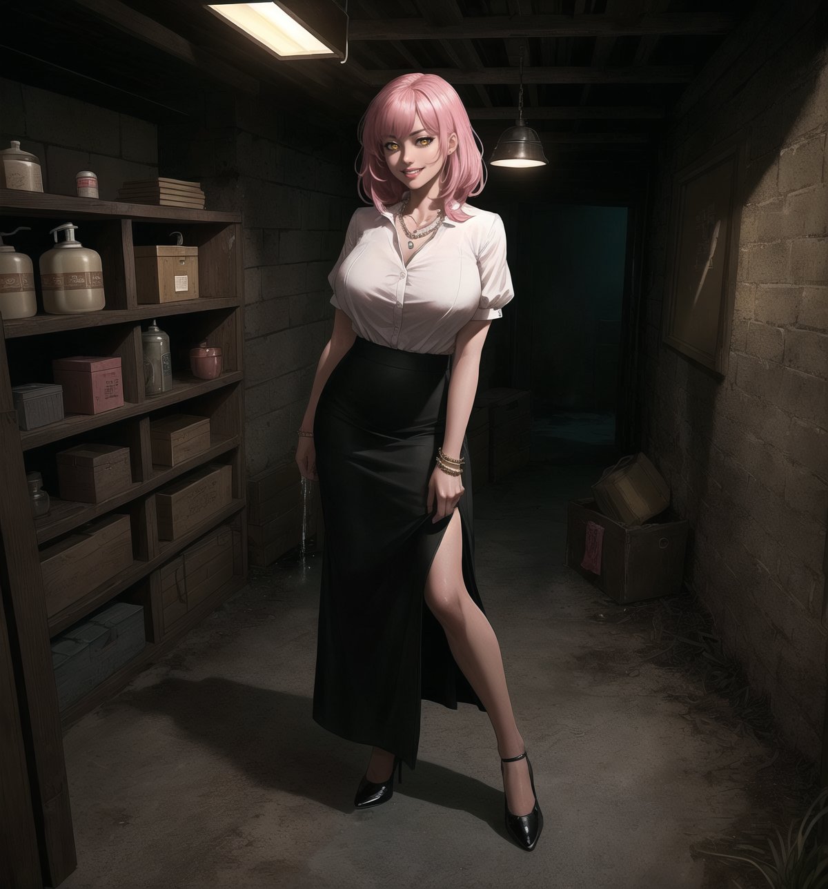 A dark, realistic Gothic masterpiece rendered in ultra-detailed 8K. | Mayumi, a 35-year-old woman, is working in a filthy, dark, and macabre basement. She wears a simple maid uniform, consisting of a white blouse and black skirt, accompanied by discreet accessories such as a pearl necklace and silver bracelet. Her short, messy pink hair gives her an air of carelessness and courage. Her yellow eyes are full of determination and courage, ((smiling)) and showing her white, well-aligned teeth, with a vivid red lipstick highlighting her lips. | The image highlights Mayumi's figure amidst the dirty and smelly environment of the basement, with rats and insects moving through the shadows. The atmosphere is tense and scary, with dark shadows moving along the walls. The basement structures are simple, with wooden shelves full of boxes and old objects, and a metal table with antique tools. There is also a water sink with a faucet and a wooden staircase that leads to the upper floor. Mayumi's bracelet and necklace faintly glow in the darkness. | The soft and dark lighting effects create a tense and scary atmosphere, while rough and detailed textures on the structures and Mayumi's clothes add realism to the image. | A terrifying scene of Mayumi, a courageous woman, working in a filthy and macabre basement. | (((((The image reveals a full-body shot as she assumes a sensual pose, engagingly leaning against a structure within the scene in an exciting manner. She takes on a sensual pose as she interacts, boldly leaning on a structure, leaning back in an exciting way.))))). | ((full-body shot)), ((perfect pose)), ((perfect fingers, better hands, perfect hands)), ((perfect legs, perfect feet)), ((huge breasts)), ((perfect design)), ((perfect composition)), ((very detailed scene, very detailed background, perfect layout, correct imperfections)), More Detail, Enhance