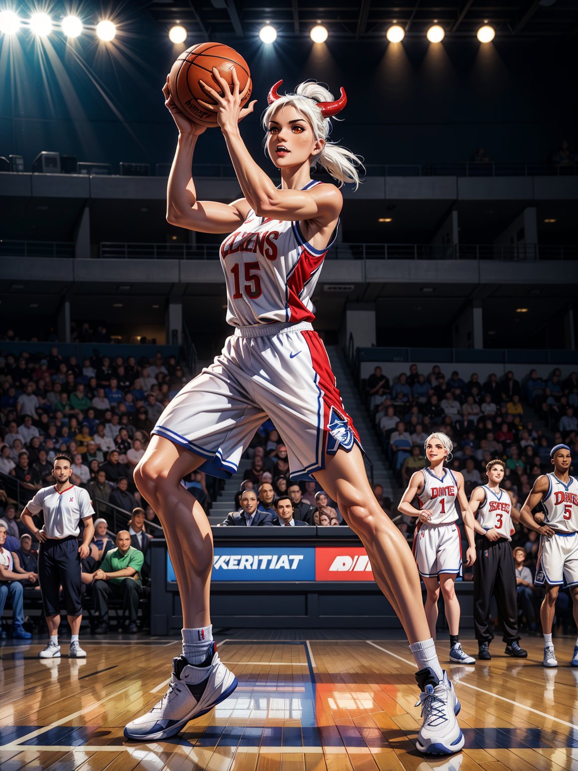 woman as a basketball player, wearing white basketball player costume with black parts, white pants with blue stripes, extremely short and tight suit and pants on the body, (monstrously gigantic breasts), white hair with green locks, hair with ponytail, bangs in front of the eyes, red horns on the head, looking at the spectator, (((erotic pose interacting and leaning on an object))), on an NBA basketball court, multiple people in the stands, multiple basketball players, scoreboard, basketball naps, court with bright floor, it's daytime, ((full body):1.5). 16k, UHD, best possible quality, ((best possible detail):1), best possible resolution, Unreal Engine 5, professional photography,