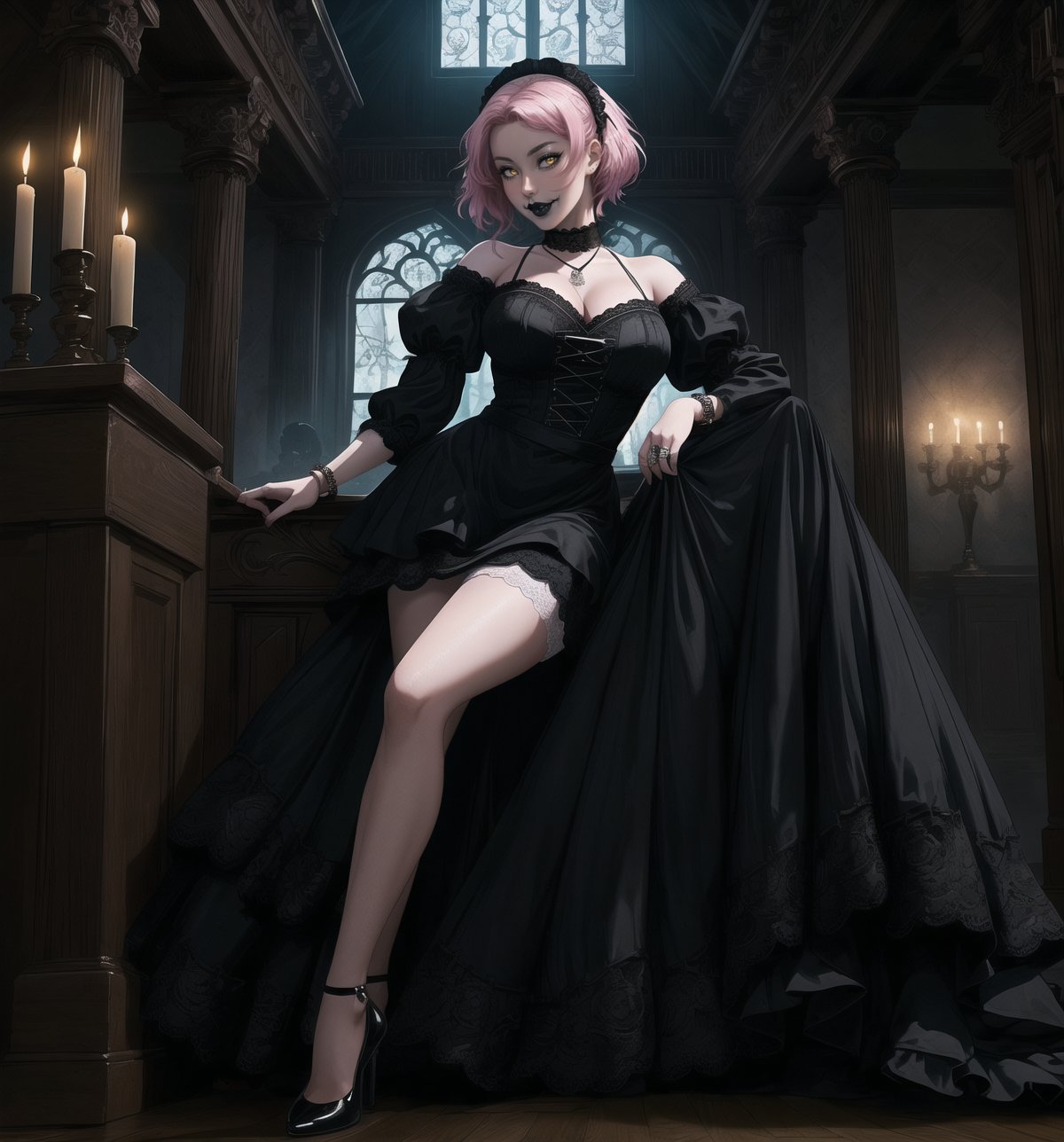 A gothic-lolita style masterpiece with realistic details, rendered in ultra-high resolution. | A young 22-year-old woman with pink hair and yellow eyes wears an elegant and provocative maid outfit. The black dress with white lace and the white apron with lace details highlight her sensual curves. She also wears black stockings and black low-heeled shoes, as well as accessories such as a pink heart pendant and a black leather bracelet. ((The young woman smiles at the viewer, showing her white teeth and wearing black lipstick)), creating a charming contrast to her sweet and innocent appearance. | The scene takes place in a macabre house, poorly lit by candles scattered throughout the room. The wooden structures, cobwebs hanging from the walls, and skulls and bones scattered across the floor create a spooky and mysterious atmosphere. The young woman stands out amidst this dark backdrop, adding a layer of beauty and fascination to the image. | Soft, moody lighting effects create a gothic mood, while detailed textures on clothing, accessories and set elements add realism to the masterpiece. | An intriguing and compelling scene of a young gothic-lolita woman in a macabre house, exploring themes of contrast, beauty and mystery. | (((((The image reveals a full-body shot as she assumes a sensual pose, engagingly leaning against a structure within the scene in an exciting manner. She takes on a sensual pose as she interacts, boldly leaning on a structure, leaning back in an exciting way.))))). | ((full-body shot)), ((perfect pose)), ((perfect fingers, better hands, perfect hands)), ((perfect legs, perfect feet)), ((huge breasts)), ((perfect design)), ((perfect composition)), ((very detailed scene, very detailed background, perfect layout, correct imperfections)), More Detail, Enhance