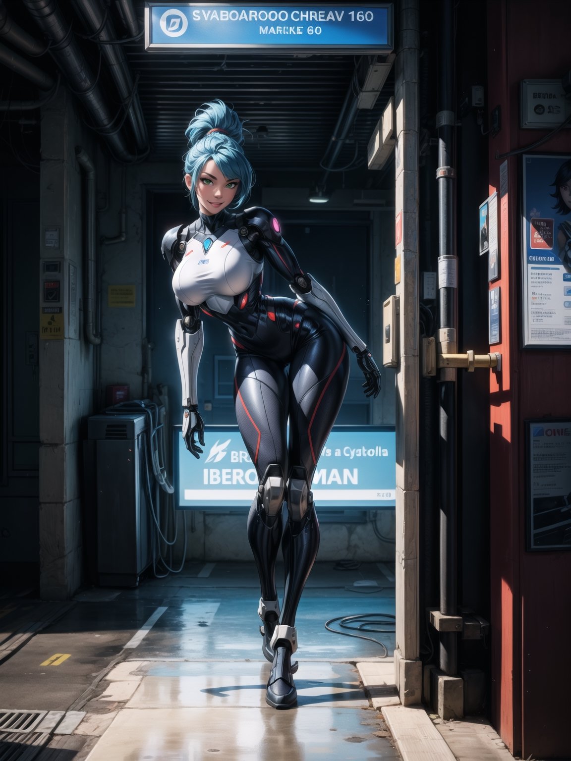 A woman, wearing robotic suit+mecha suit+white cybernetic armor with parts in blue, wearing helmet with colored visor, gigantic breasts, blue hair, extremely short hair, rebellious hair, hair with ponytail, hair with bangs in front of the eye, looking at the viewer, (((sensual pose+Interacting+leaning on anything+object+leaning against))), at a bus stop with many machines, structures, people walking, ((full body):1.5), 16K, UHD, Unreal Engine 5, quality max, max resolution, ultra-realistic, ultra-detailed, maximum sharpness, ((perfect_hands):1), Goodhands-beta2, [super metroid, cyberpunk]