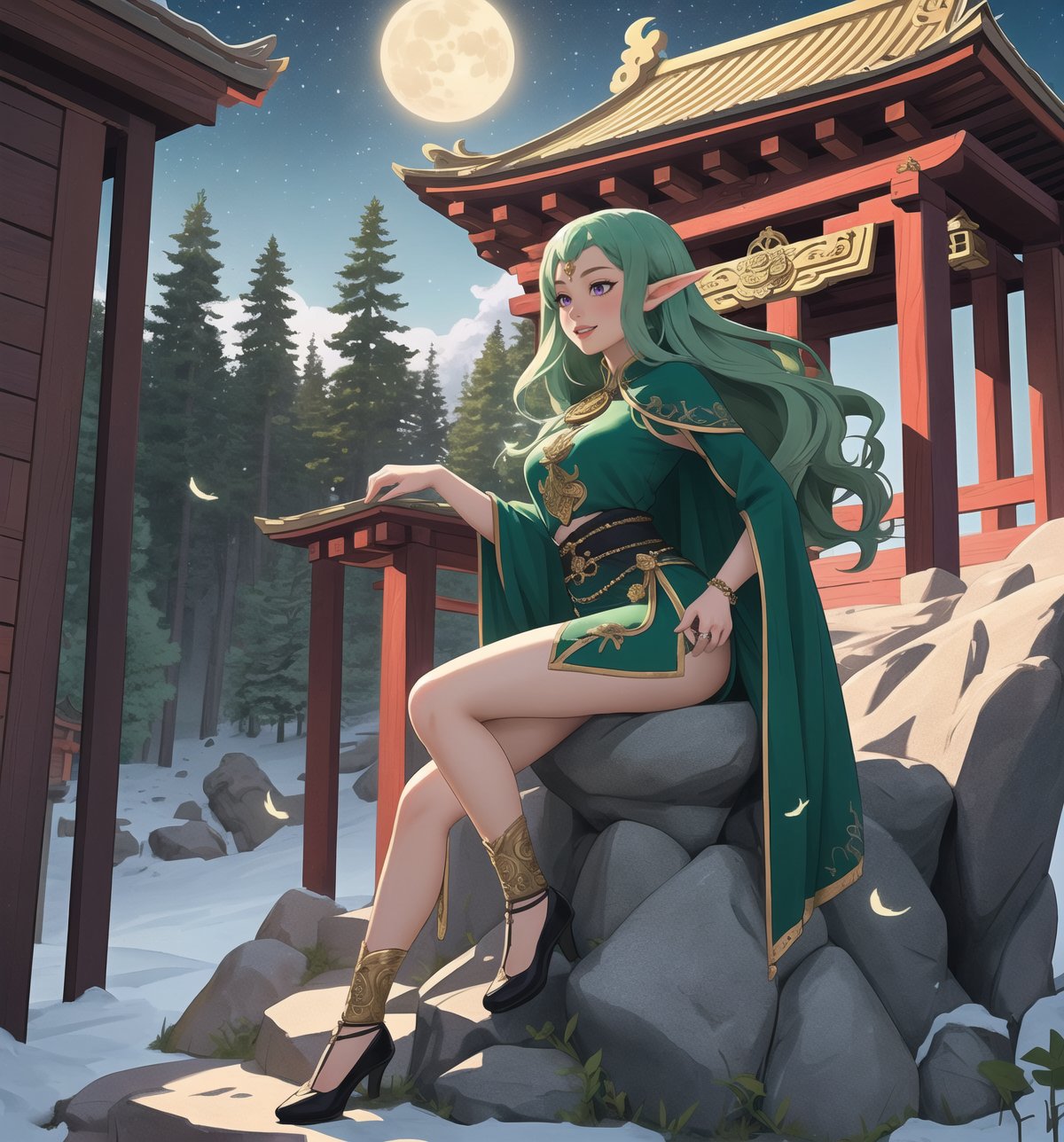 A fantastic masterpiece of art, full of beauty and magic. | A 237-year-old elf woman with an elegant and wise appearance is in a temple in the rocky mountains, a mystical and enchanted environment. | She wears a long tunic of dark green fabric, with gold details and leaf embroidery, showing her connection to nature and her status as a sorceress. | To complement her look, she also wears a green velvet cape with feather trim and a gold moon-shaped brooch, adding a touch of sophistication and magic to her appearance. | Her long, wavy green hair has a few loose strands at the front, giving her beauty a natural and delicate look. Her purple eyes are large and expressive, conveying wisdom and serenity, while her smile with sharp white teeth shows her elfin nature and grace. | The temple in the rocky mountains has rock structures, wooden structures, an altar in the center and pillars with emblems, creating a sacred and mystical atmosphere. | Soft, mystical lighting effects create an enchanted, serene atmosphere, while detailed textures on structures and costume add realism to the image. | An elegant and magical scene of an elf woman in a rocky mountain temple, exploring themes of fantasy, nature and magic. | (((((The image reveals a full-body shot as she assumes a sensual pose, engagingly leaning against a structure within the scene in an exciting manner. She takes on a sensual pose as she interacts, boldly leaning on a structure, leaning back in an exciting way.))))). | ((full-body shot)), ((perfect pose)), ((perfect fingers, better hands, perfect hands)), ((perfect legs, perfect feet)), ((huge breasts)), ((perfect design)), ((perfect composition)), ((very detailed scene, very detailed background, perfect layout, correct imperfections)), More Detail, Enhance