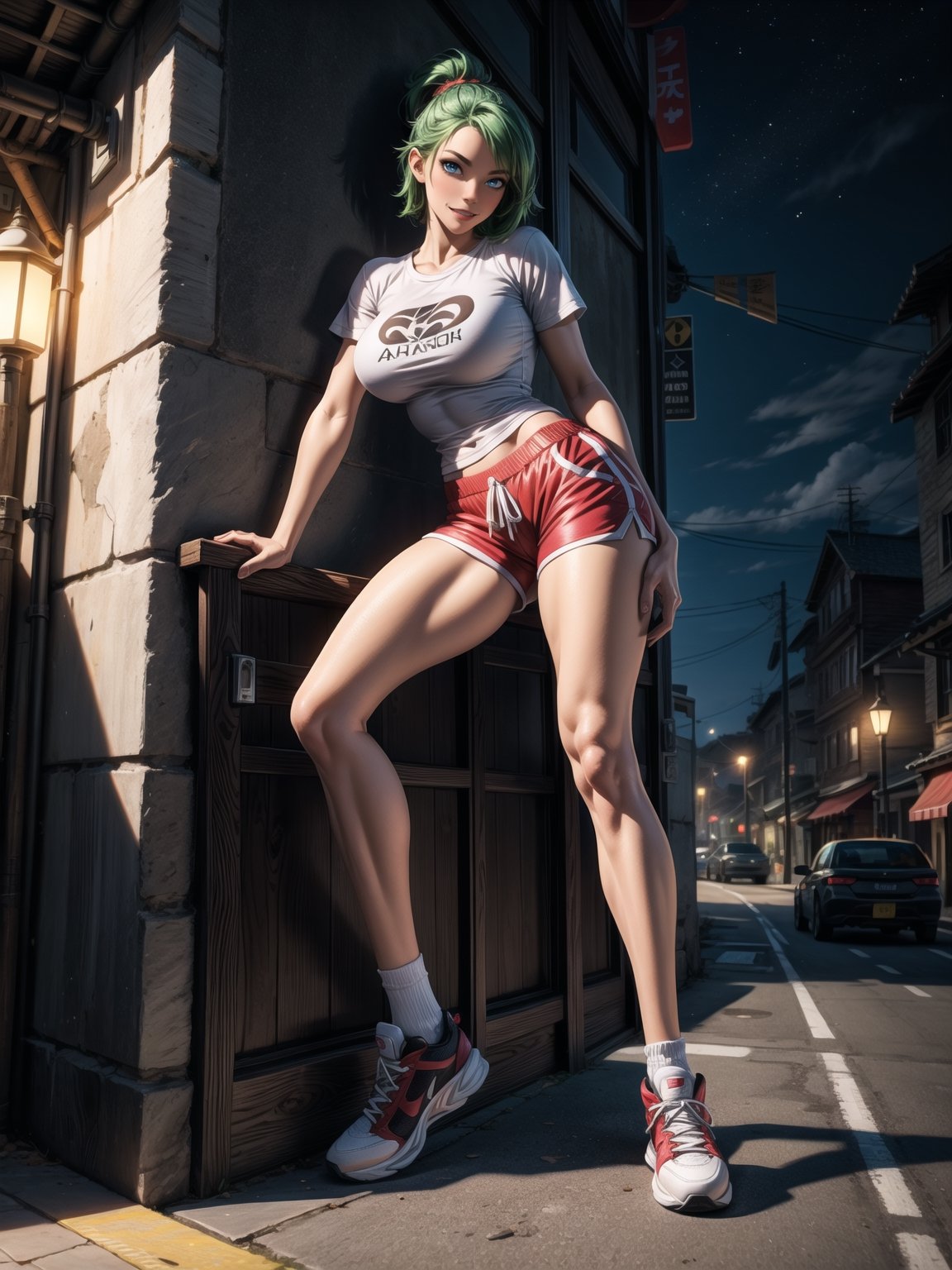 A woman, wearing a white T-shirt, short red shorts, white stockings, black sneakers, black suit, gigantic breasts, green hair, extremely short hair, rebellious hair, ponytailed hair, fringed hair in front of the eye, looking at the viewer, (((sensual pose+Interacting+leaning on anything+object+leaning against))), in a very busy night, with many construction machines,  vehicles, structures, ((full body):1.5), 16K, UHD, unreal engine 5, quality max, max resolution, ultra-realistic, ultra-detailed, maximum sharpness, ((perfect_hands):1), Goodhands-beta2,