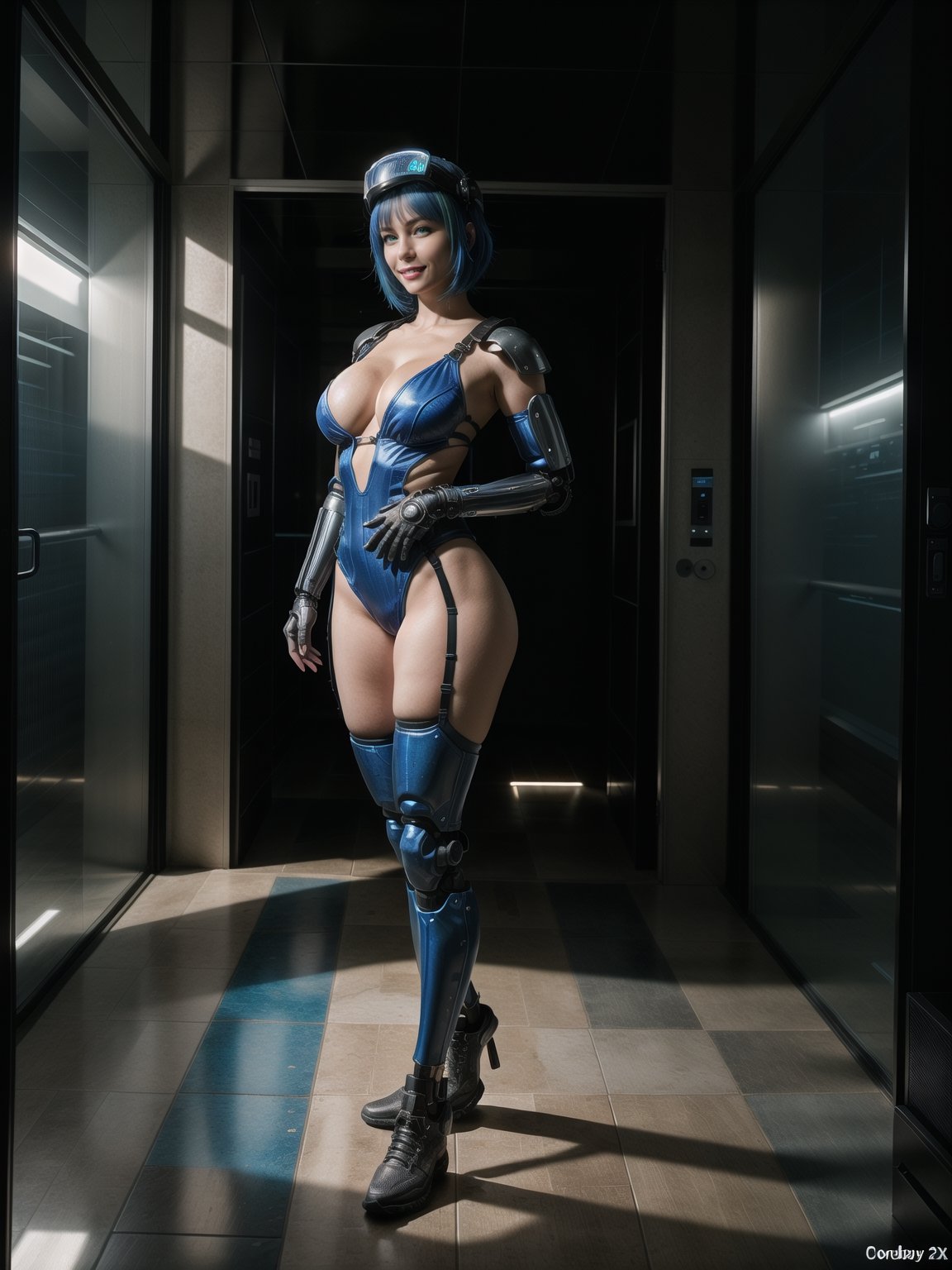 A woman, wearing white wick suit with parts in blue + robotic armor with lights, gigantic breasts, wearing helmet with transparent colored visor, blue hair, rebellious hair, messy hair, hair with bangs in front of the eye, looking at the viewer, (((sensual pose with interaction and leaning on anything+object+leaning against))), in a spaceship with many structures,  equipment, robots, computers, elevator, ((full body):1.5), 16K, UHD, unreal engine 5, quality max, max resolution, ultra-realistic, ultra-detailed, maximum sharpness, ((perfect_hands):1), Goodhands-beta2, [super metroid], cyberware, cybernetic