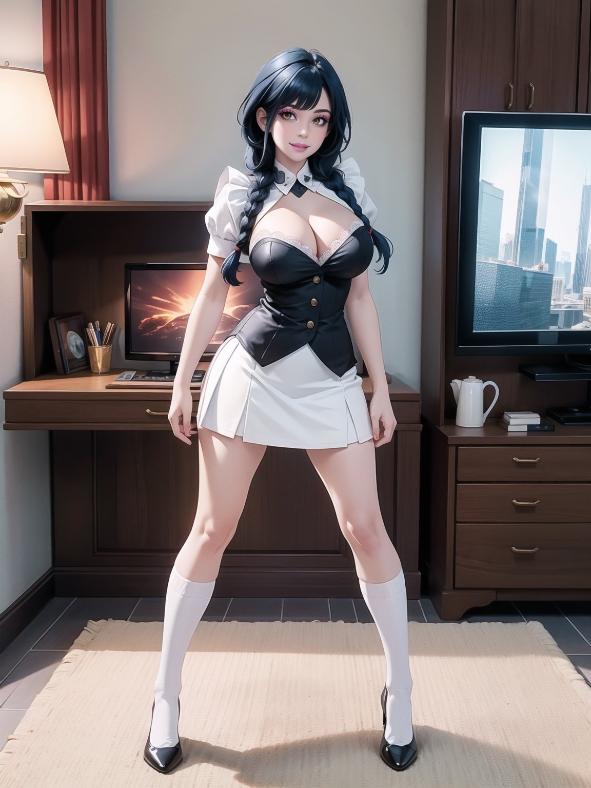 A woman, wearing a black maid's outfit with white accents, a short white skirt, long white stockings, black shoes, tight-fitting clothes, with gigantic breasts, blue hair, a solo braid, a mohawk, and bangs covering her eyes, is seen in a modern apartment with furniture, computers, a plasma TV, a bed, a window, lights on the walls, a sofa bed, 16K, UHD, (full body:1.5), unreal engine 5, quality max, max resolution, ultra-realistic, ultra-detailed, maximum sharpness, leaning on anything, object, leaning against, (looking at the viewer), (((dynamic pose+Interacting+leaning on anything+object+leaning against))).