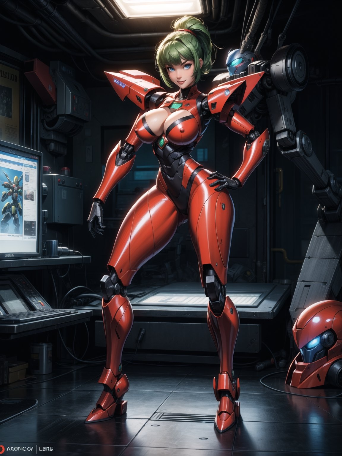 A woman, worn mecha+mecha armor+red bionic armor with white parts, gigantic breasts, helmet with glass visor, green hair, extremely short hair, rebellious hair, hair with ponytail, hair with bangs in front of the eye, looking at the viewer, (((sensual pose+Interacting+leaning on anything+object+leaning against))), in the underworld at night with many machines, robots, machines, metal structures, ((full body):1.5), 16K, UHD, unreal engine 5, quality max, max resolution, ultra-realistic, ultra-detailed, maximum sharpness, ((perfect_hands):1), Goodhands-beta2, [megaman, super metroid], ((mecha))