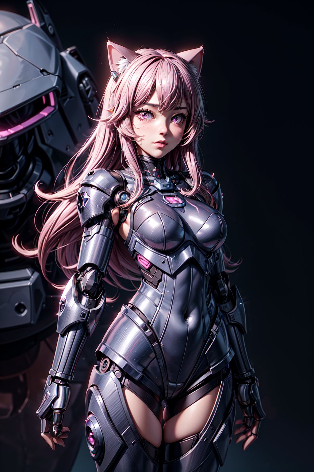 masterpiece,best quality,ultra-detailed, , 1girl,solo,, dark theme, mecha musume, mechanical parts,robot joints, blush face,standing,cowboy shot, cat ears,sakamata, sword, pink eyes, white long hair
