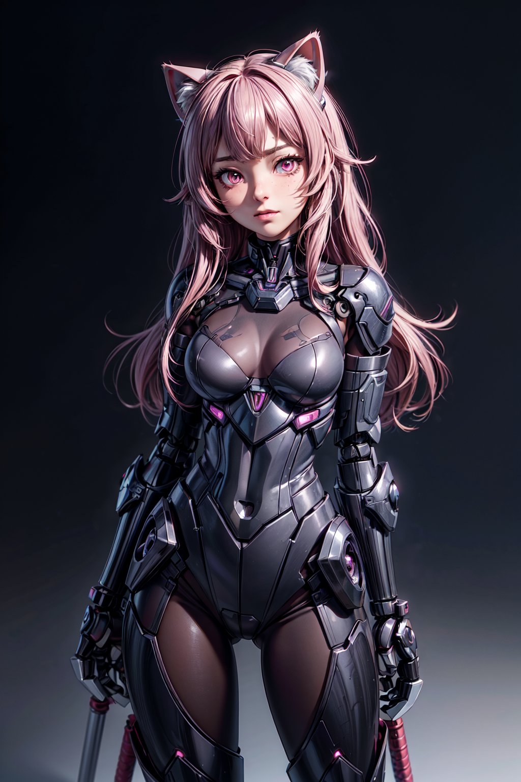 masterpiece,best quality,ultra-detailed, , 1girl,solo,, dark theme, mecha musume, mechanical parts,robot joints, blush face,standing,cowboy shot, cat ears,sakamata, sword, pink eyes, white long hair
