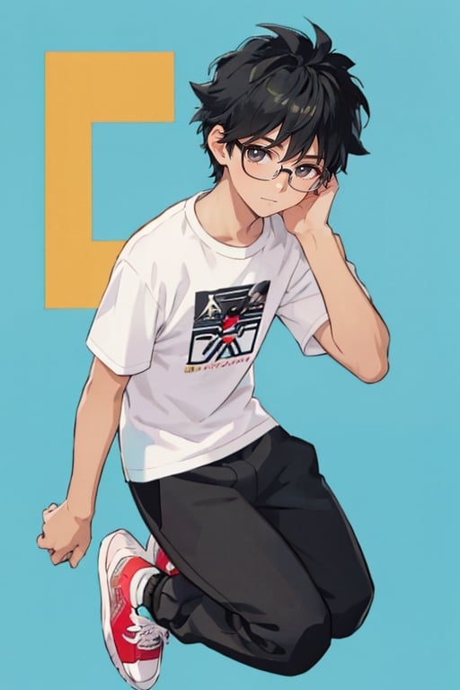 light blue background, beautiful, good hands, full body, looking to the camera, :) , black hair, black eyes, glasses, honey-colored skin,18 year old boy body, full_body, character_sheet, fashionable hairstyle,black joggers pants, red design t-shirt, shoes