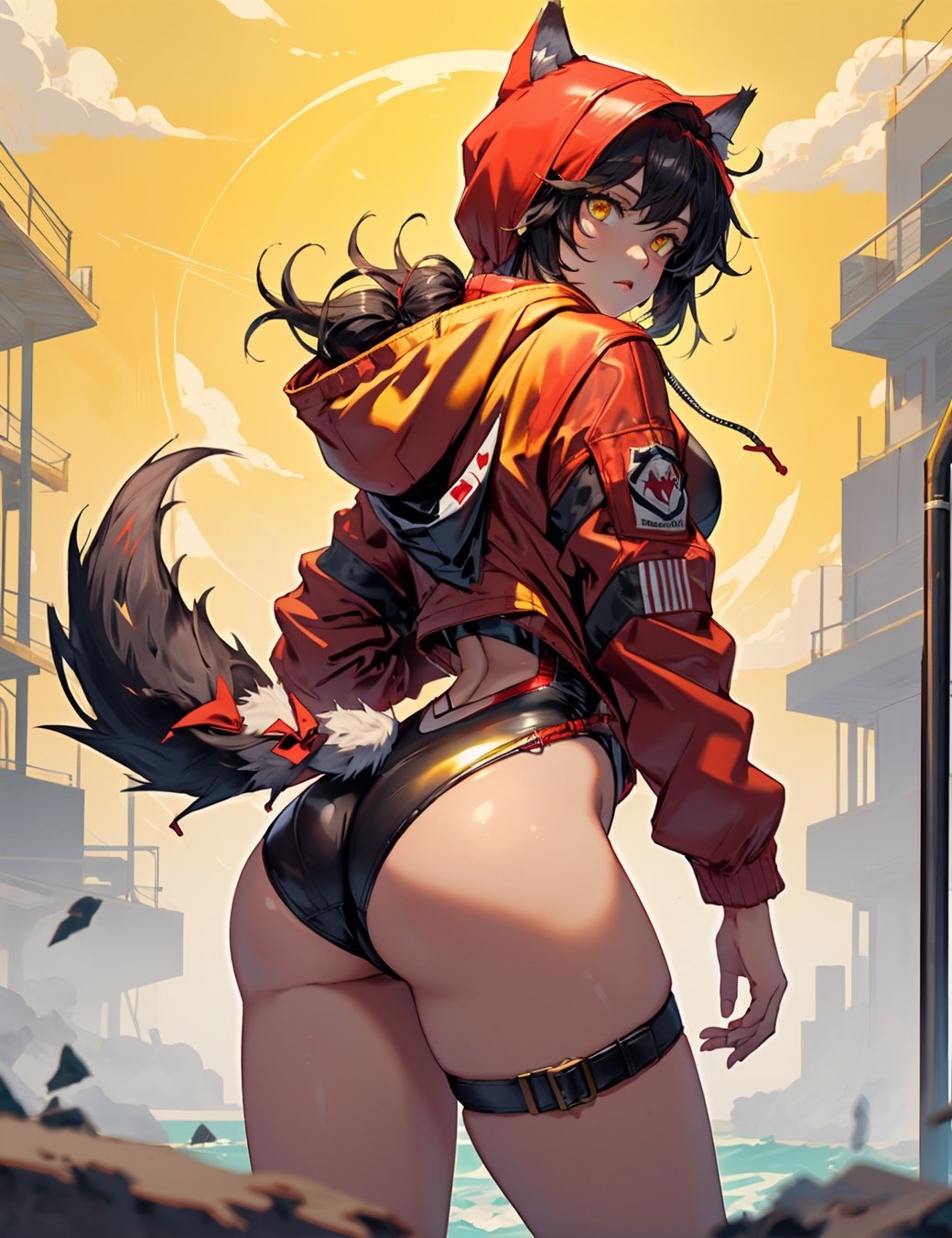 masterpiece, best quality projekt red light breeze, yellow eyes, leaning forward, jacket, wolf tail, hood, open jacket, hooded jacket, red jacket, black one-piece swimsuit, thigh strap, unzipped, highleg swimsuit, ears through headwear, from behind,