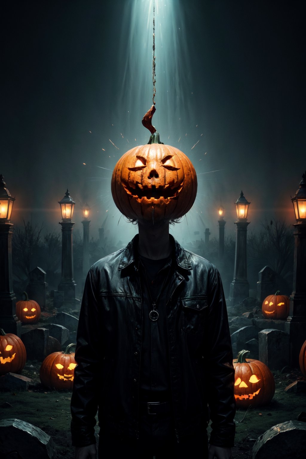 masterpiece,{{{best quality}}},(illustration)),{{{extremely detailed CG unity 8k ,Brilliant light,cinematic lighting,long_focus}}}, jack o lantern, man with a pumpkin head, scythe, threatening pose, cemetery background with transparent green souls flying, gloomy atmosphere, dark vibe,DarkTheme