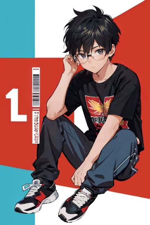 character sheet, light blue background, beautiful, good hands, full body, looking to the camera, black hair, black eyes, glasses, honey-colored skin,18 year old boy body, full_body, character_sheet, fashionable hairstyle,black joggers pants, red design t-shirt, shoes,comic_book_cover