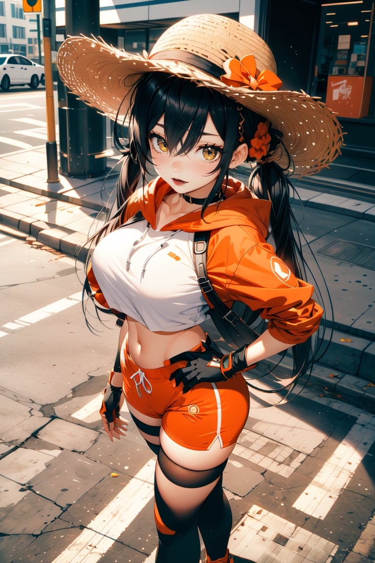 1girl, solo, masterpiece, best quality, (blush:1.3), looking at viewer, from above, own hands on hip, black hair, very long hair, long twintails, yellow eyes, bangs, medium breast, hair clip, orange headwear, hat, orange hoodie, bike shorts, orange footwear, fingerless gloves, navel, thigh highs, , thick thighs, street, floating hair, cowboy shot, 