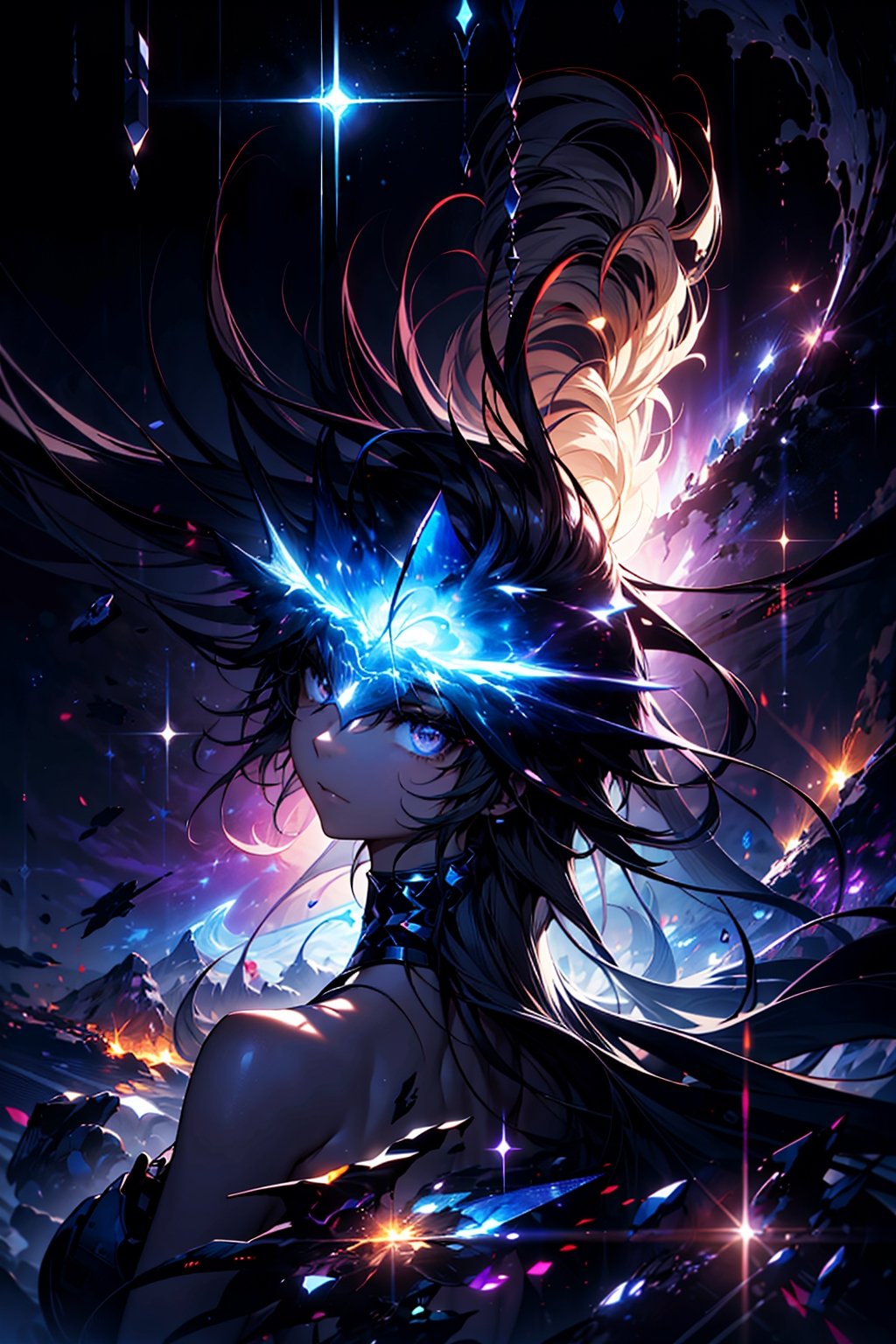 masterpiece, best quality, ultra high res, (abstract art:1.3), (dark theme:1.2), art, stylized, deep shadow, dark theme, 1girl, cosmic dress, cosmic beauty, in space, nebula