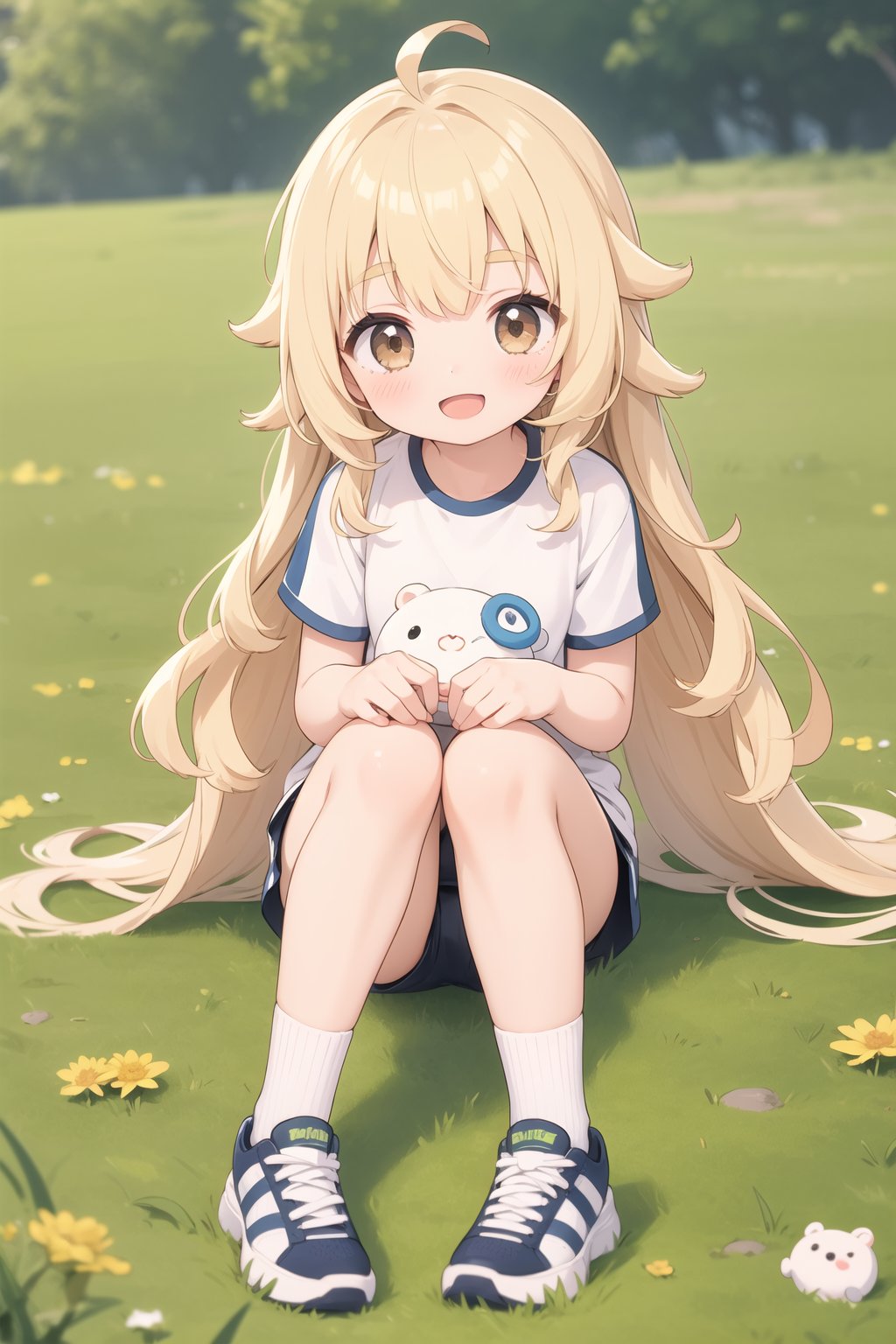 1girl, long_hair,lightbrown_eyes, open_mouth, smile, jewelry, lightblonde_hair, short sportswear, grass, sitting, flower, very_long_hair, :d, looking_at_viewer, solo, wavy_hair, shoes, socks, blush, full_body, parted_bangs, Poro, sneakers, curly_hair, animal, thick_eyebrows, , messy_hair, , short sportswear, perfect anatomy,