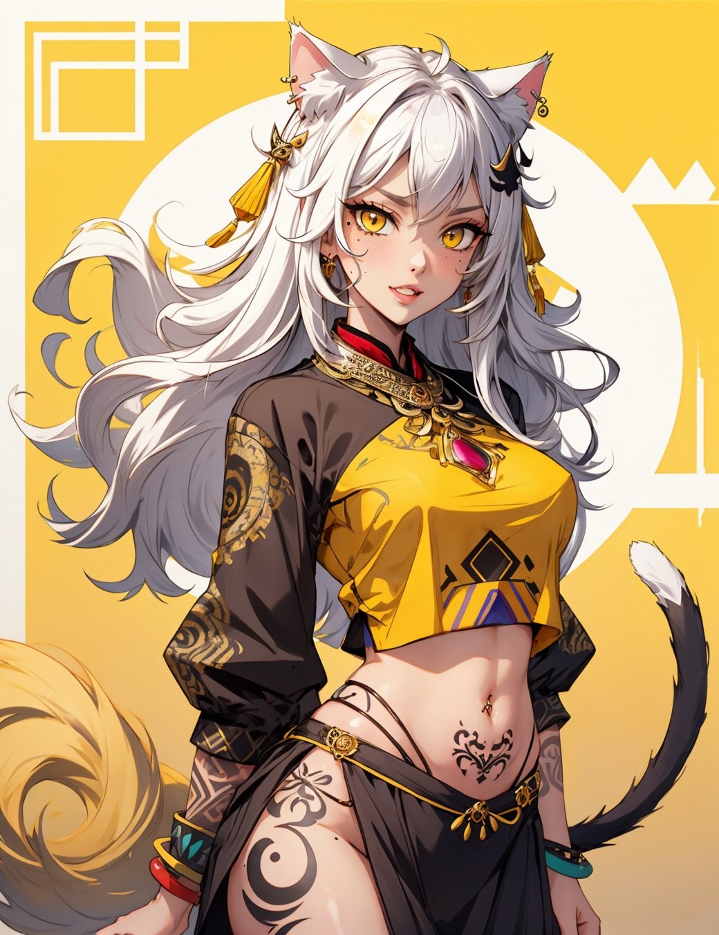 best quality, ancient letter background, tribal background, white crop top, young, women, body goal, yellow eyes, detailed eyes, cat eyes, hair ornament, nekomimi, parted lips, cat tail, jewelry, long white hair, ombre hair, hair on arms messy, side belly tattoo, tribal tattoo, looking at viewer, mole in belly, piercing navel, batik covering lower body, sultry, seduced, cute fang,