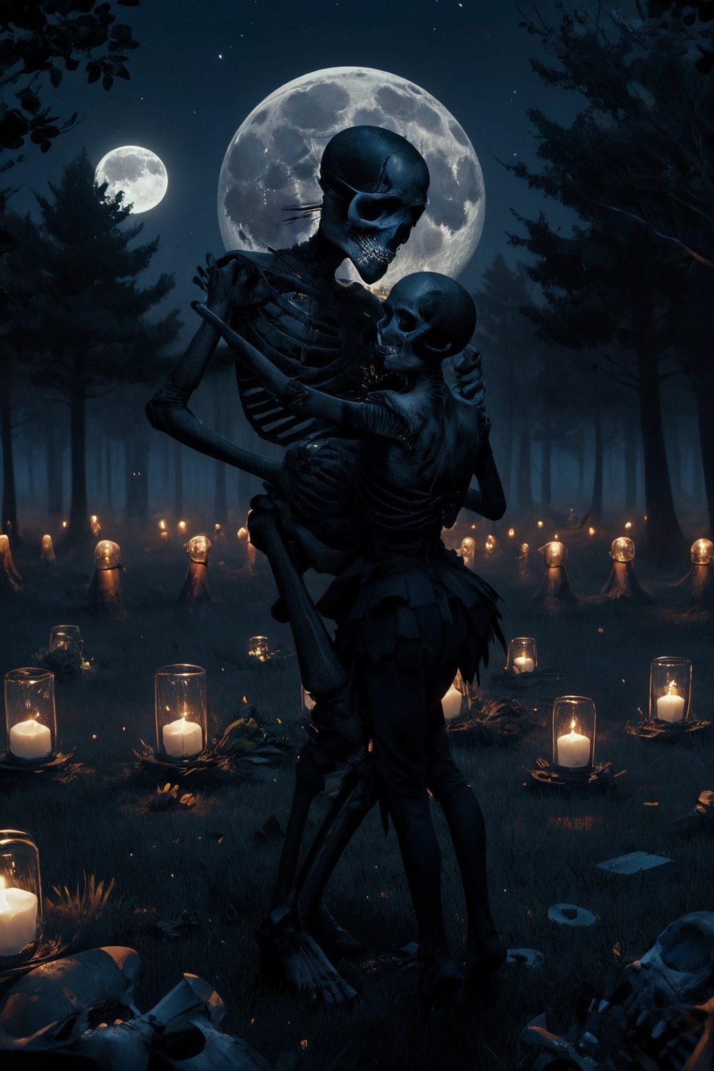 8k, (absurdres, highres, ultra detailed), (( couple skeletons dancing)) , cementery background, night, moon, trees, forest, dark and bright details, skeletons, skulls, perfect skeleton , perfect anatomy skeleton, no_human, 