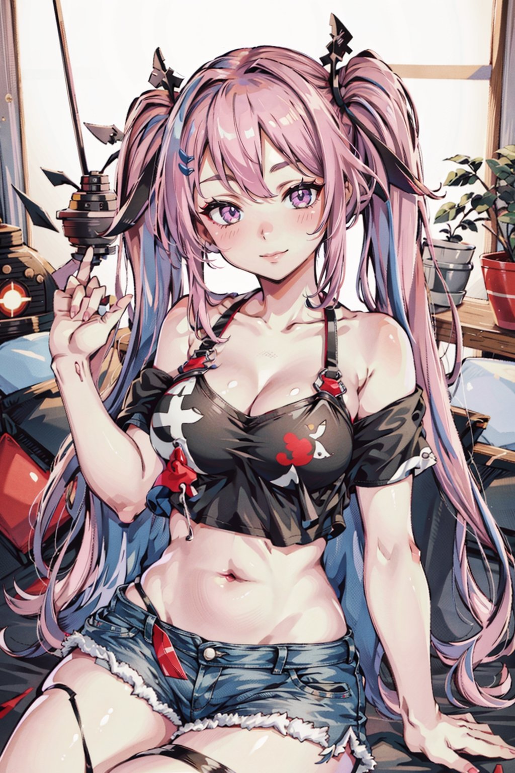 fullbody, very detail, detail face, beautym, masterpiece, bremerton, long hair, grey hair,pink hair, 1girl, solo, blush, pink eyes, navel, streaked hair, cleavage, hair ornament, smile, looking at viewer, twintails, collarbone, t shirt, black t shirt, single off shoulder ,bare shoulder, bra strap, shorts, black shorts, denim shorts, highleg panties,