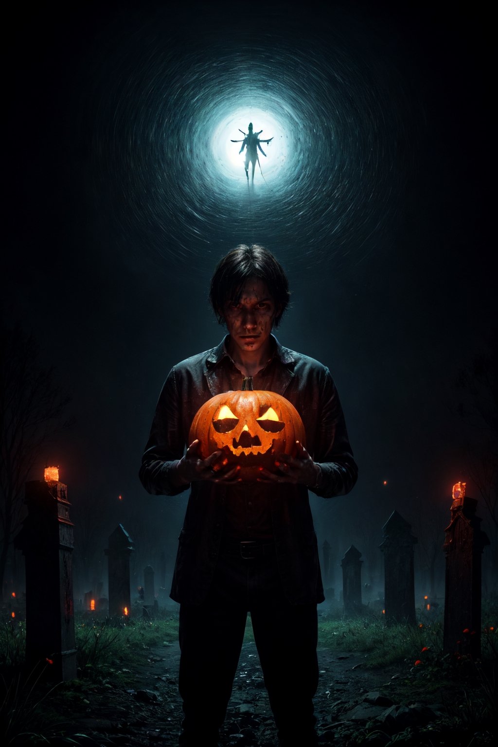 masterpiece,{{{best quality}}},(illustration)),{{{extremely detailed CG unity 8k ,Brilliant light,cinematic lighting,long_focus}}}, jack o lantern, man with a pumpkin head, holding a scythe, threatening pose, cemetery background with transparent green souls flying, gloomy atmosphere, dark vibe,,DarkTheme,CLOUD