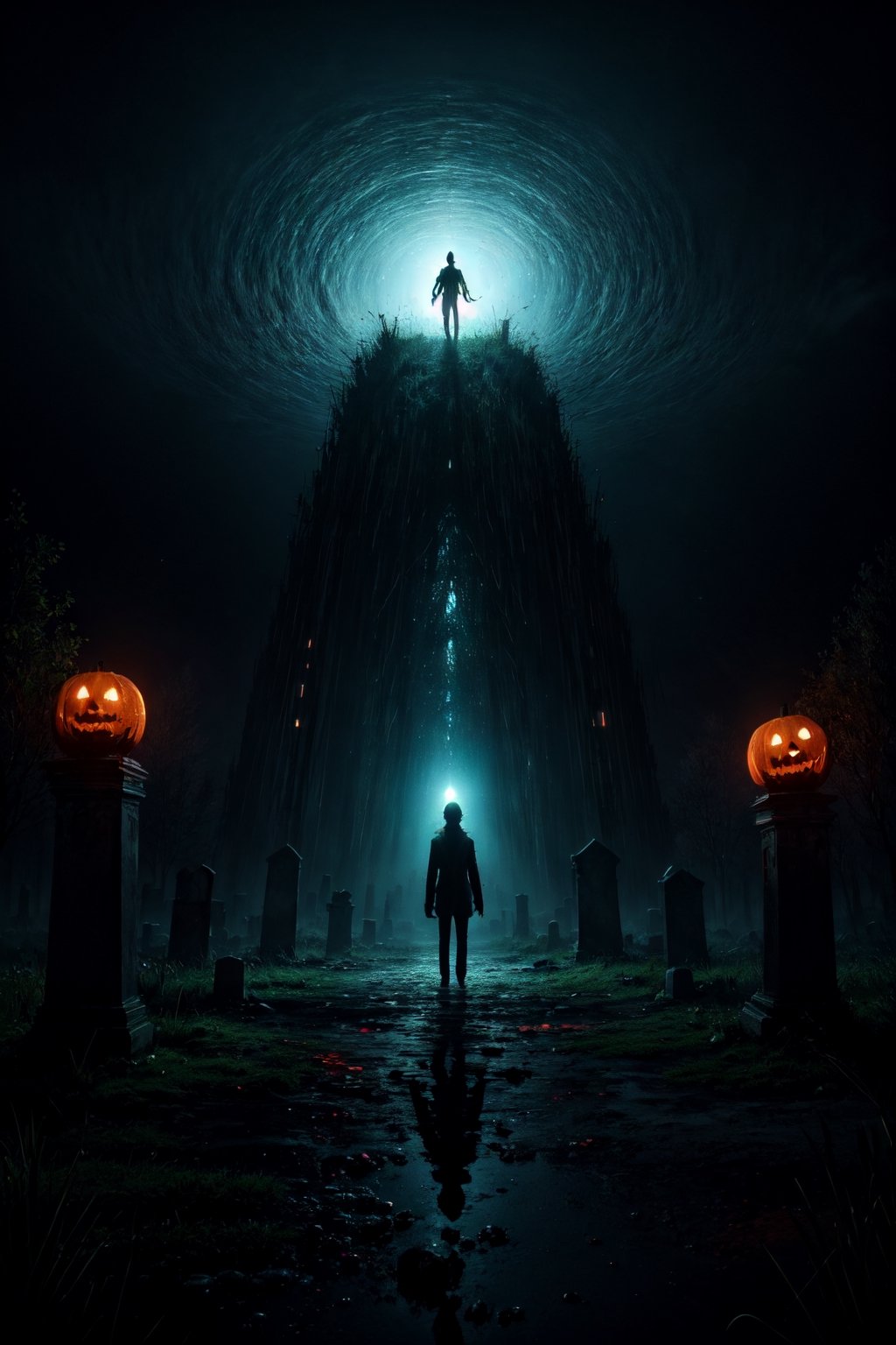 masterpiece,{{{best quality}}},(illustration)),{{{extremely detailed CG unity 8k ,Brilliant light,cinematic lighting,long_focus}}},jack o lantern mix human , threatening pose, cemetery background with transparent green souls flying, gloomy atmosphere, dark vibe,,DarkTheme,CLOUD,COLORFUL STARRY