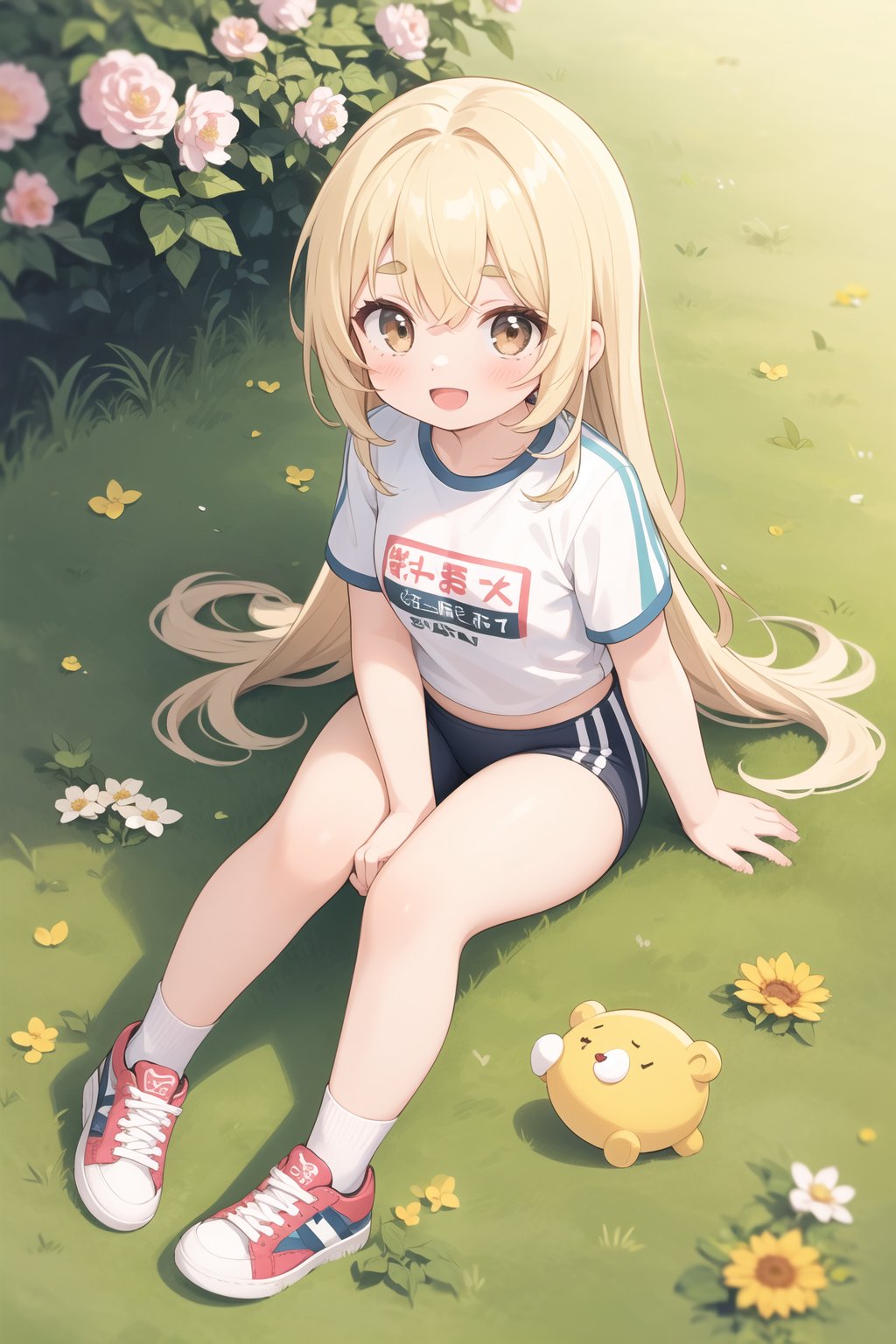 1girl, long_hair,lightbrown_eyes, open_mouth, smile, jewelry, lightblonde_hair, short sportswear, grass, sitting, flower, very_long_hair, :d, looking_at_viewer, solo, wavy_hair, shoes, socks, blush, full_body, parted_bangs, Poro, sneakers, curly_hair, animal, thick_eyebrows, , messy_hair, , short sportswear