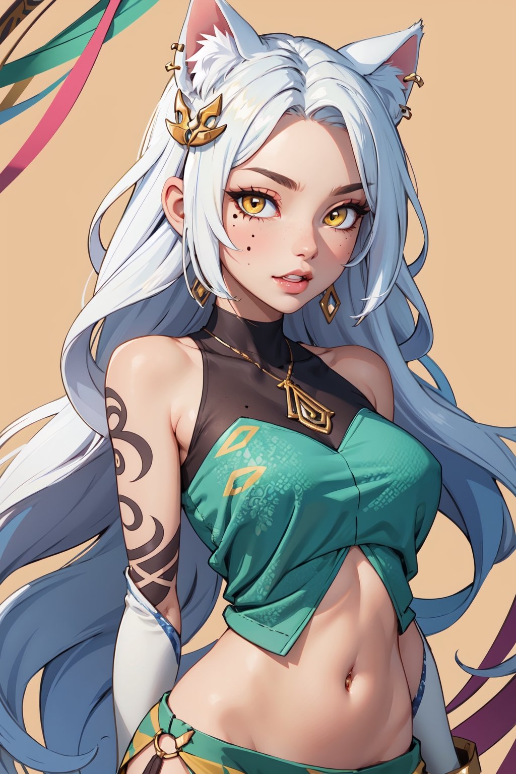 best quality, ancient letter background, tribal background, white crop top, young, women, body goal, yellow eyes, detailed eyes, cat eyes, hair ornament, nekomimi, parted lips, cat tail, jewelry, long white hair, ombre hair, hair on arms messy, side belly tattoo, tribal tattoo, looking at viewer, mole in belly, piercing navel, batik covering lower body, sultry, seduced, cute fang,