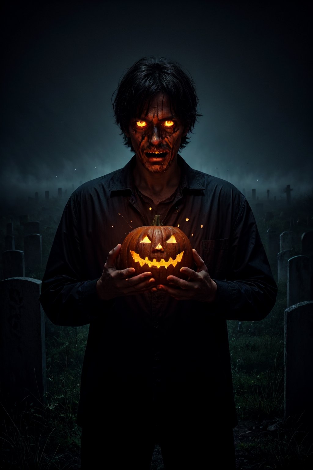 masterpiece,{{{best quality}}},(illustration)),{{{extremely detailed CG unity 8k ,Brilliant light,cinematic lighting,long_focus}}}, Man with jack o lantern head , threatening pose, cemetery background with transparent green souls flying, gloomy atmosphere, dark vibe,,DarkTheme,CLOUD,COLORFUL STARRY