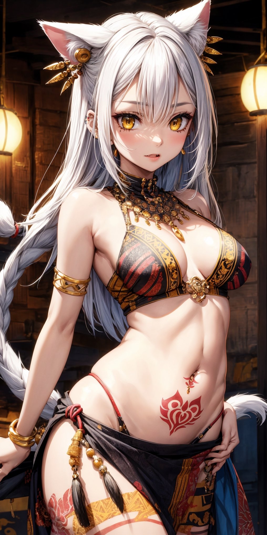 best quality, ancient letter background, tribal background, white crop top, young, women, body goal, yellow eyes, detailed eyes, cat eyes, hair ornament, nekomimi, parted lips, cat tail, jewelry, long white hair, ombre hair, hair on arms messy, side belly tattoo, tribal tattoo, looking at viewer, mole in belly, piercing navel, batik covering lower body, sultry, seduced, cute fang,