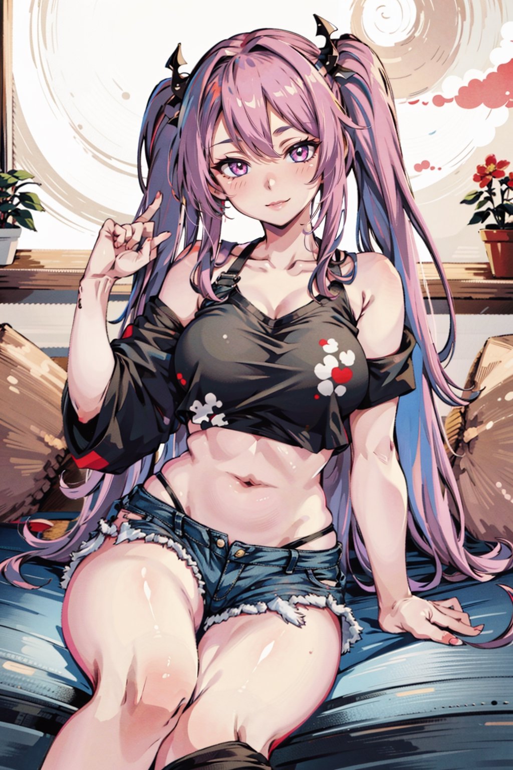 fullbody, very detail, detail face, beautym, masterpiece, bremerton, long hair, grey hair,pink hair, 1girl, solo, blush, pink eyes, navel, streaked hair, cleavage, hair ornament, smile, looking at viewer, twintails, collarbone, t shirt, black t shirt, single off shoulder ,bare shoulder, bra strap, shorts, black shorts, denim shorts, highleg panties,