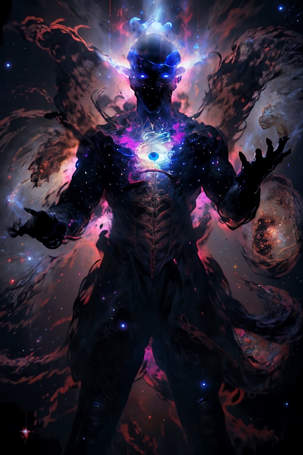 8k, (absurdres, highres, ultra detailed), fullbody silhouette of a cosmic entity, nebula, galaxies, black hole, cosmic, space, glowing eyes, cosmic eye, CLOUD