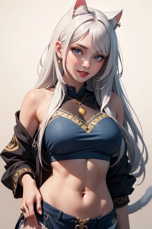 best quality, ancient letter background, tribal background, white crop top, young, women, body goal, yellow eyes, detailed eyes, cat eyes, hair ornament, nekomimi, parted lips, cat tail, jewelry, long white hair, ombre hair, hair on arms messy, side belly tattoo, tribal tattoo, looking at viewer, mole in belly, piercing navel, batik covering lower body, sultry, seduced, cute fang