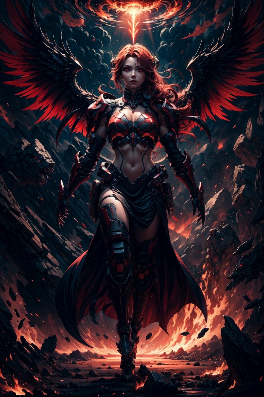 absurd details, fine details, 4k, (style:anime), (glow:0.3), (bloom:0.35), prideful, masterpiece, woman descending from the sky, bright red eyes, demon wings, halo of fire, dark body, red power veins, apocalyptic sky background, 