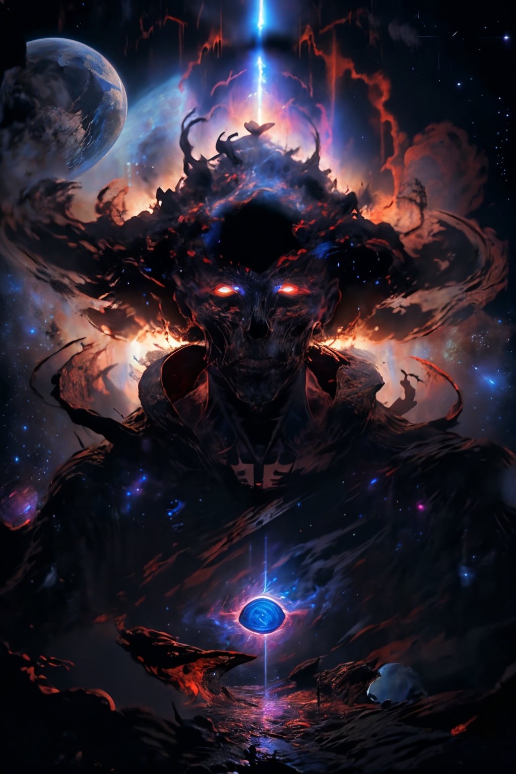 8k, (absurdres, highres, ultra detailed), silhouette of a cosmic entity, nebula, galaxies, black hole, cosmic, space, glowing eyes, cosmic eye, CLOUD