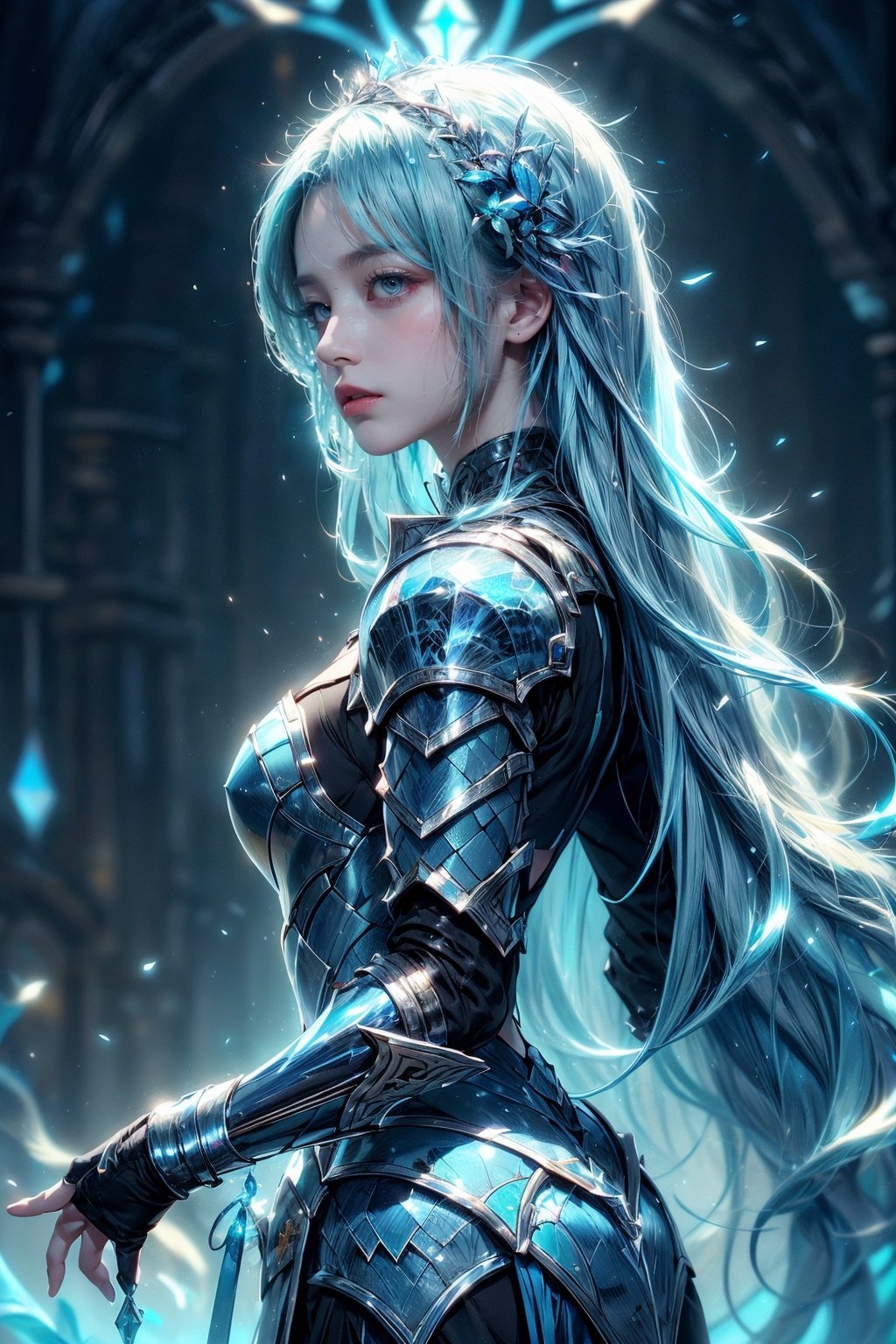 Masterpiece, woman, long light blue hair, blue eyes, stainedglass armor, colorful, dark background, water stainedglass armor, light blue stainedglass theme, exposure blend, medium shot, bokeh, (hdr:1.4), high contrast, (cinematic), 