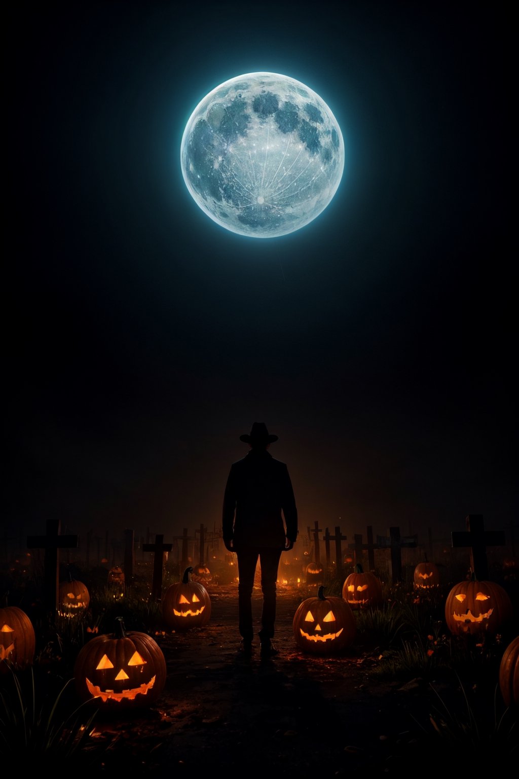 masterpiece,{{{best quality}}},(illustration)),{{{extremely detailed CG unity 8k ,Brilliant light,cinematic lighting,long_focus}}}, Man with jack o lantern head , threatening pose, cemetery background with transparent green souls flying, gloomy atmosphere, dark vibe,,DarkTheme, (top text location: "HALLOWEEN"),CLOUD,COLORFUL STARRY