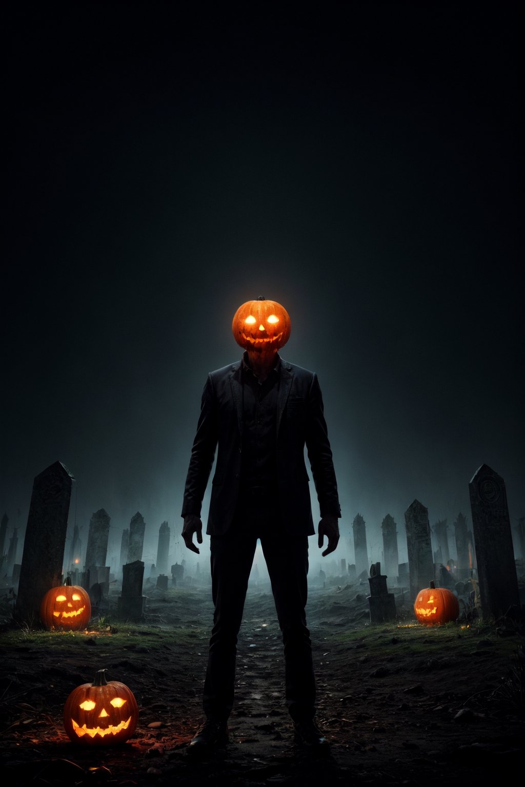 masterpiece,{{{best quality}}},(illustration)),{{{extremely detailed CG unity 8k ,Brilliant light,cinematic lighting,long_focus}}}, jack o lantern, man with a pumpkin head, scythe, threatening pose, cemetery background with transparent green souls flying, gloomy atmosphere, dark vibe,DarkTheme