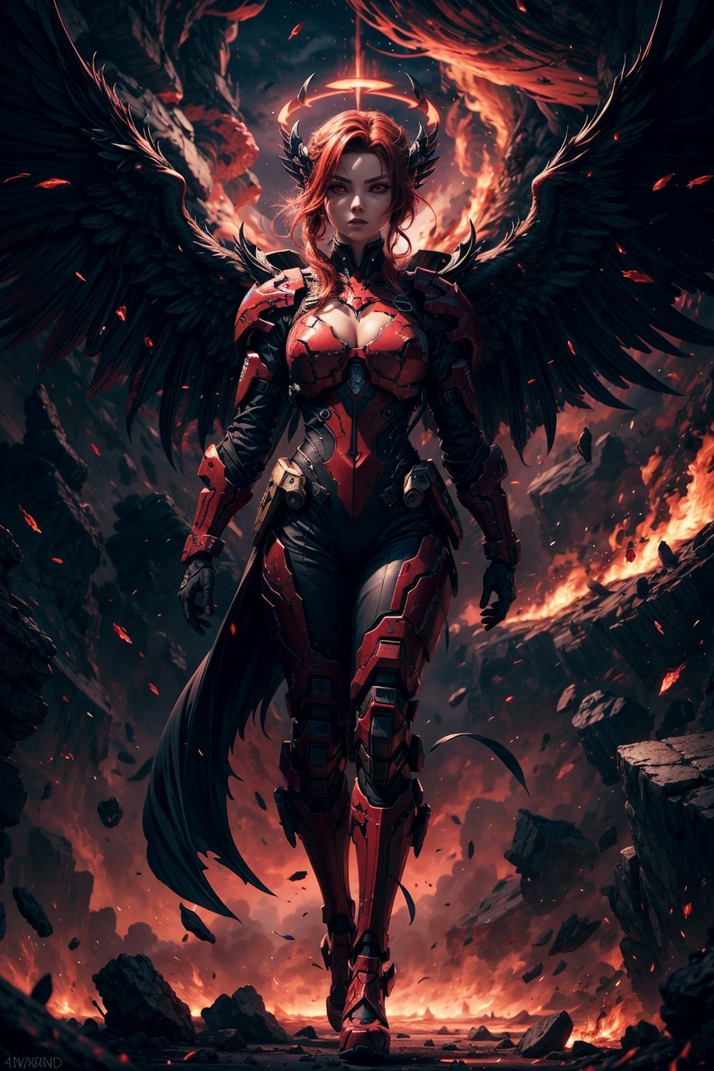 absurd details, fine details, 4k, (style:anime), (glow:0.3), (bloom:0.35), prideful, masterpiece, woman descending from the sky, bright red eyes, demon wings, halo of fire, dark body, red power veins, apocalyptic sky background, 