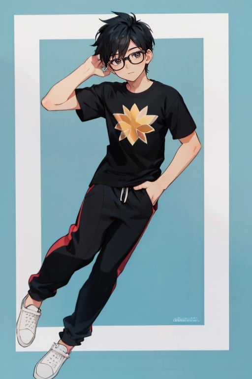 light blue background, beautiful, good hands, full body, looking to the camera, :) , black hair, black eyes, glasses, honey-colored skin,18 year old boy body, full_body, character_sheet, fashionable hairstyle,black joggers pants, red design t-shirt, shoes