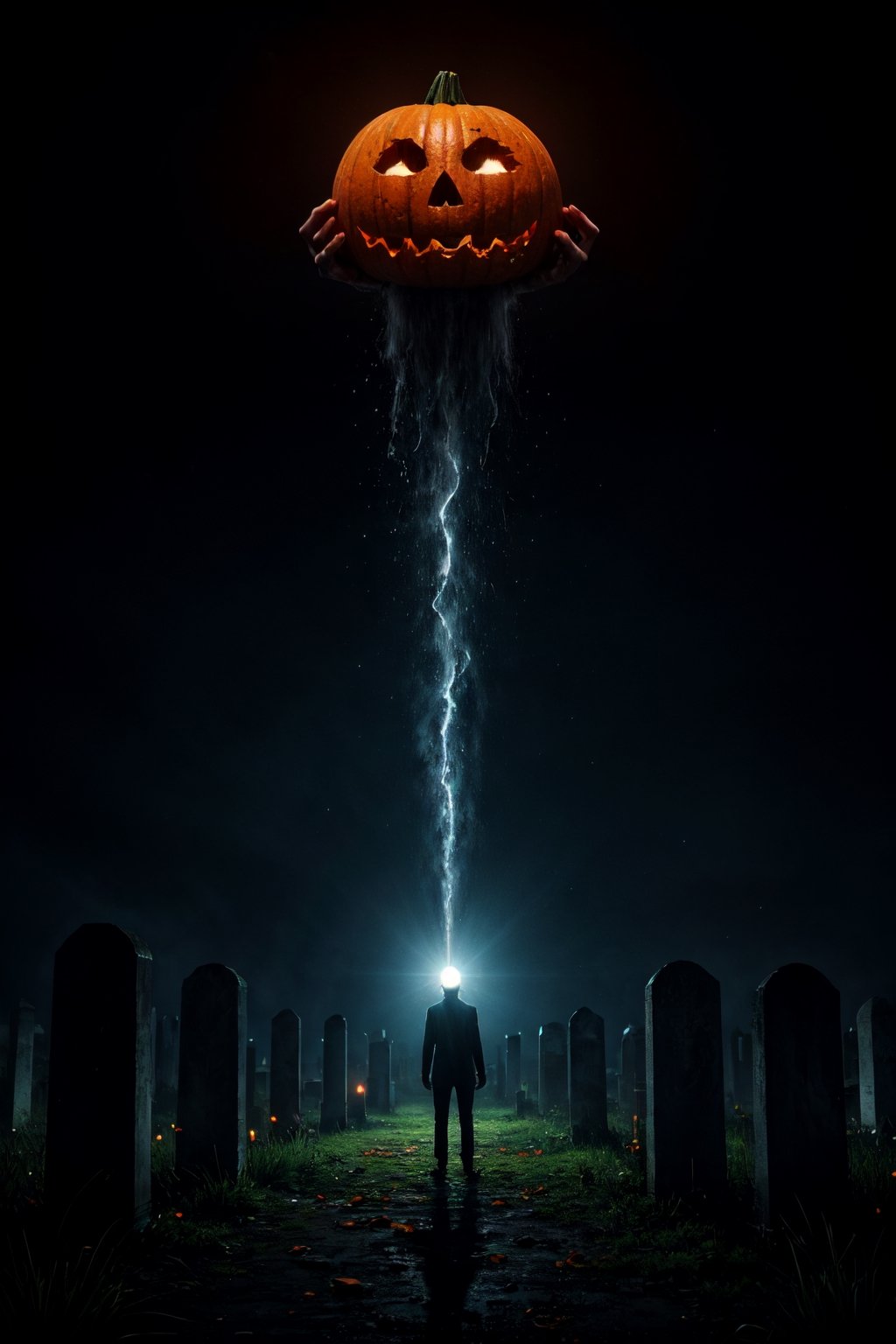 masterpiece,{{{best quality}}},(illustration)),{{{extremely detailed CG unity 8k ,Brilliant light,cinematic lighting,long_focus}}}, Man with jack o lantern head , threatening pose, cemetery background with transparent green souls flying, gloomy atmosphere, dark vibe,,DarkTheme,CLOUD,COLORFUL STARRY