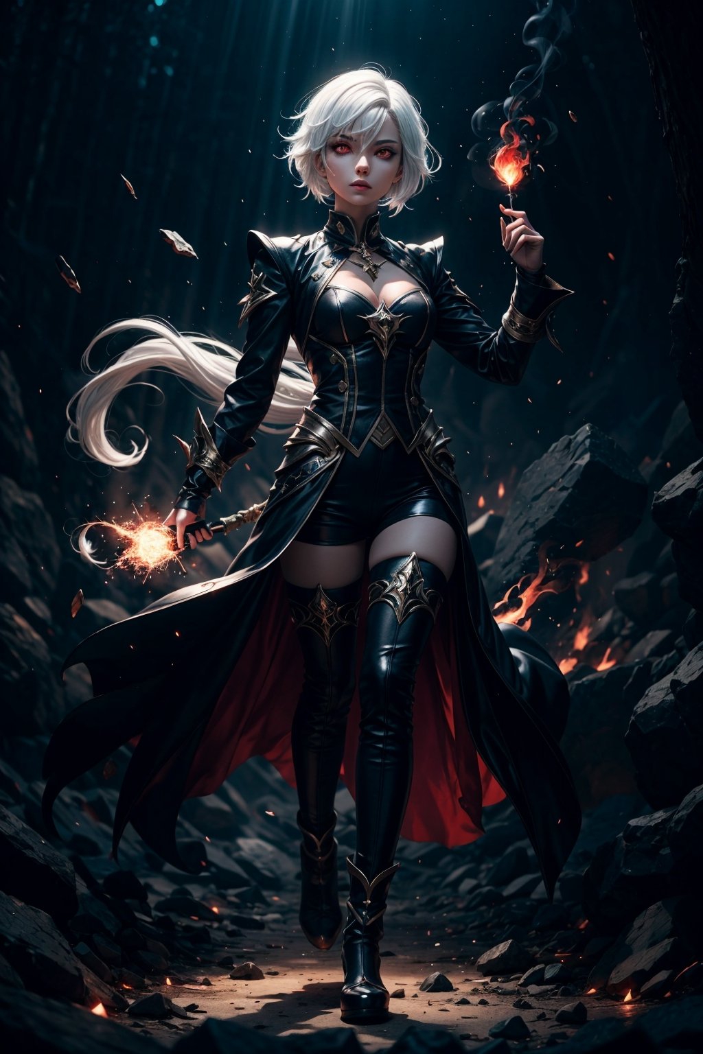 1 girl, tomboy, white hair, red eyes,fullbody,magical energy fantasy, mana, excessive energy, epic pose, Glowing eyes. Pyro aura. High contrast.  Fantasy glow. Glowing aura, Dark style,magician clothes dinamic background,glitter,Endsinger