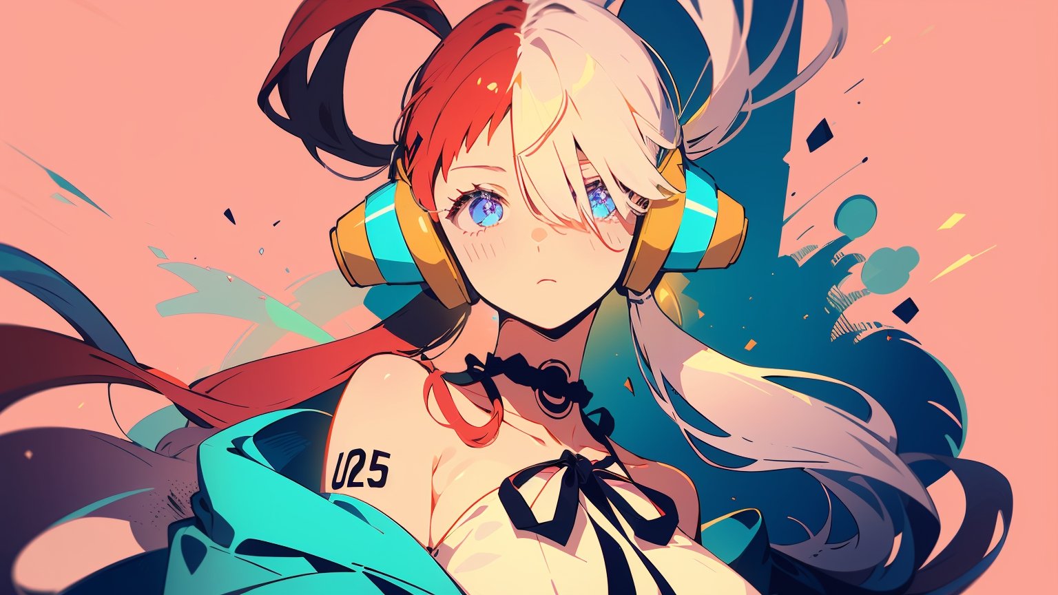 ((uta_onepiece, long hair, headphones, ribbon, twintails,))

(masterpiece:1.3), (best quality:1.3), high resolution, master-piece, bestquality, 1girls,15 years old, (masterpiece:1.2, best quality,), (Soft light), (shiny skin), 1girls, off shoulders,hair, between breasts, medium breast, breasts, choker, cleavage, collarbone, hair, looking at viewer, pink background, facing breasts, , womb tattoo,solo, female_solo,1 girl, 1 girl, one girl,upper body,,sketch,portrait, illustration, fcloseup, face, rgbcolor, emotion